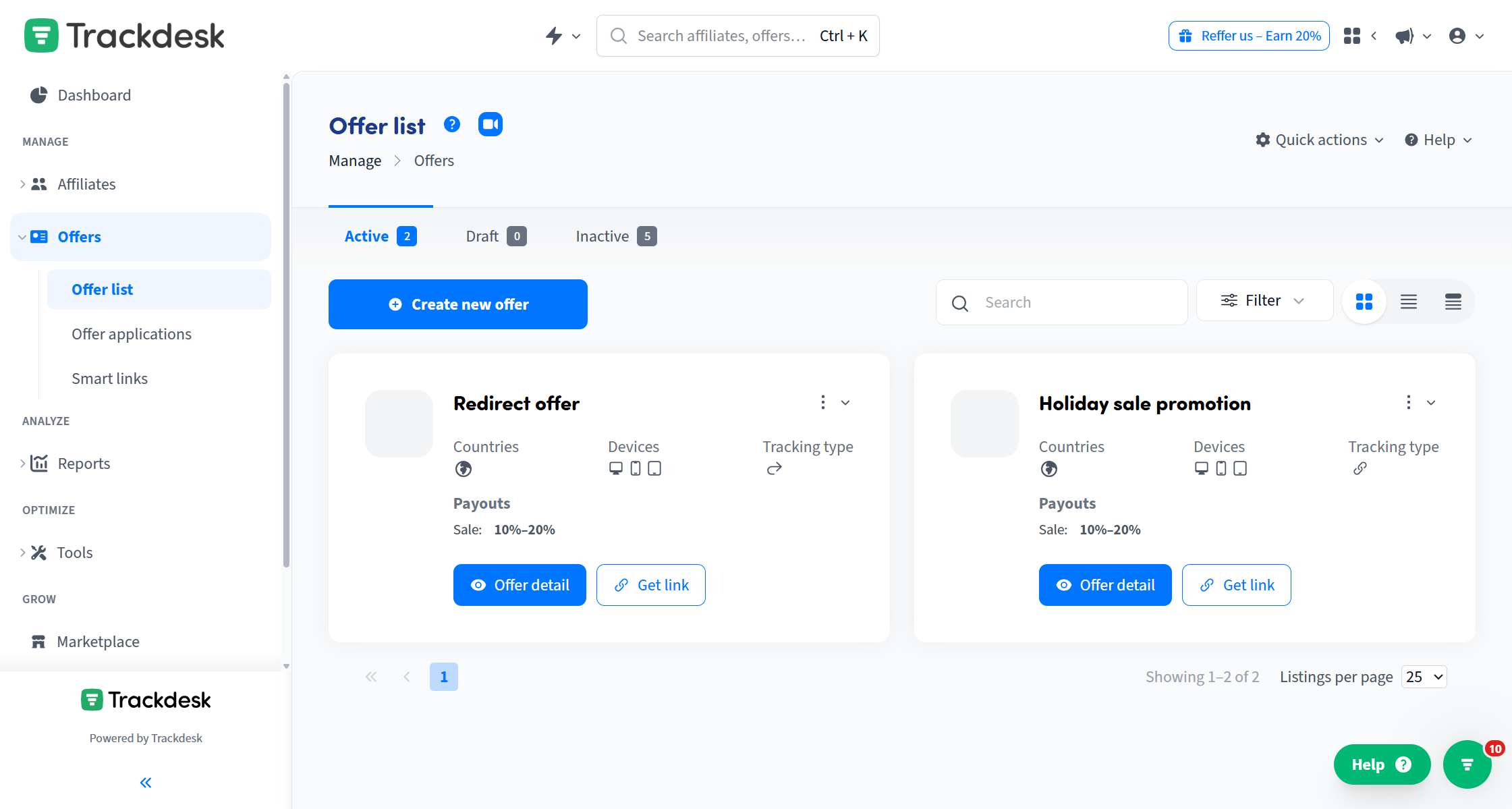 Start by creating a new offer from the offer list.