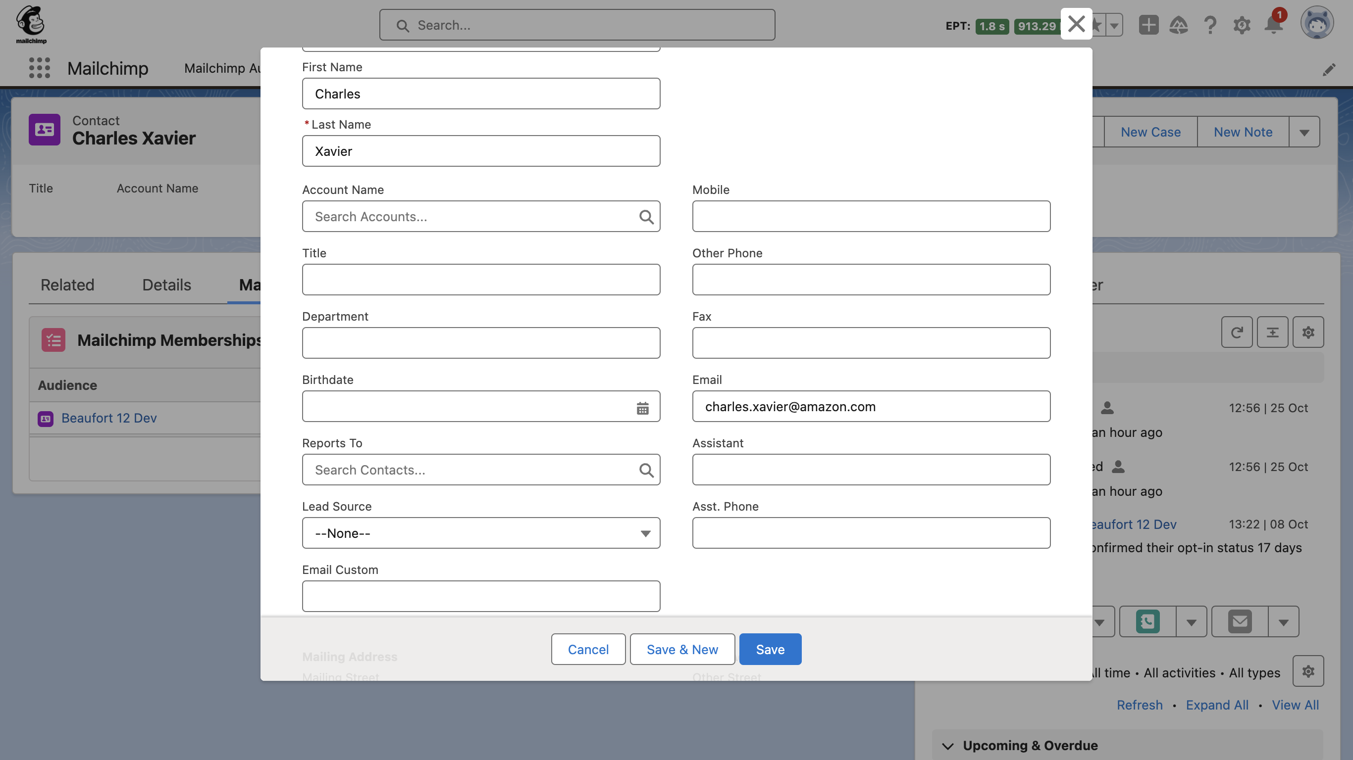 Changing the standard email address in Salesforce will update any associated active Mailchimp audience records.