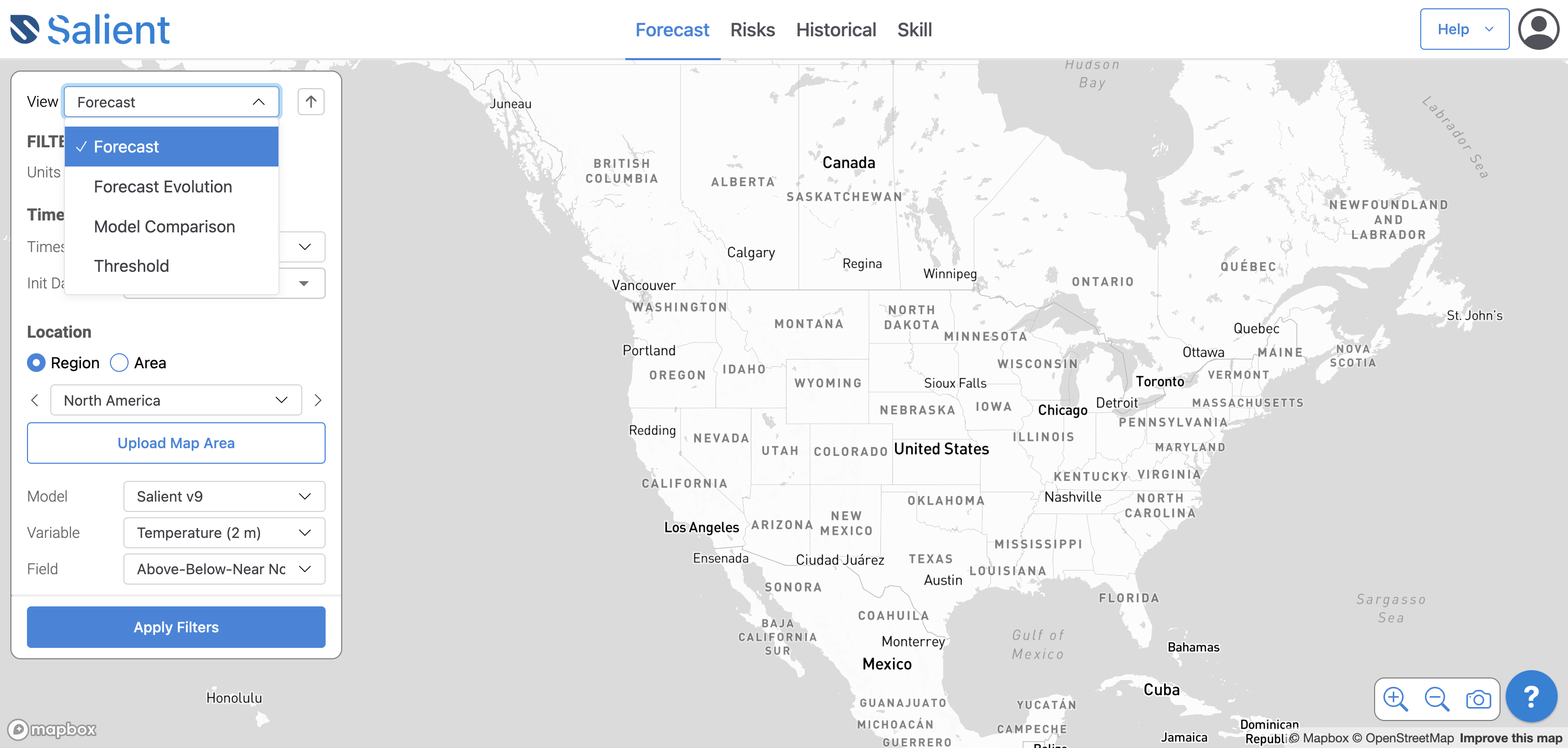 Forecast : Map view of selected forecast

Model Comparison: Compare forecasts across multiple models 

Forecast Evolution: View forecasts across multiple initialization dates 

Threshold : View the Probability of exceedance
