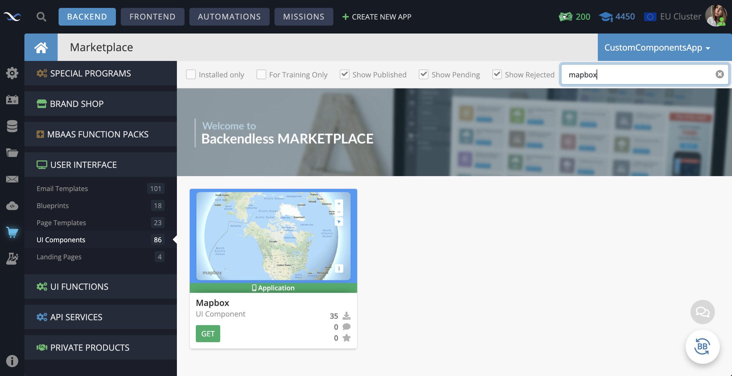 In your Backendless App, go to the Marketplace -> User Interface tab and install the Mapbox component