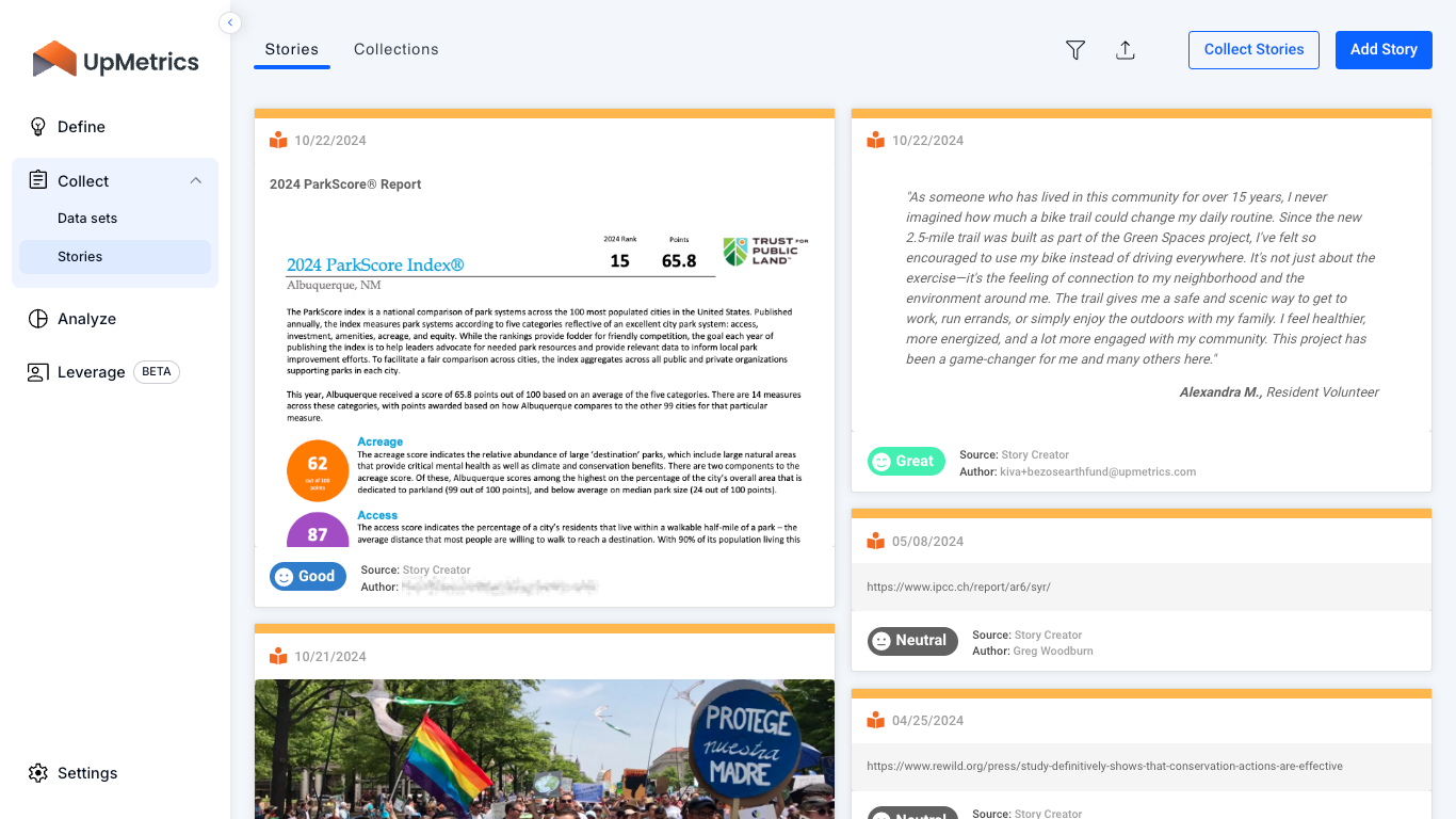 Collect impactful narratives like anecdotes, testimonials, and photos, and easily weave these qualitative insights into your dashboards to add context.