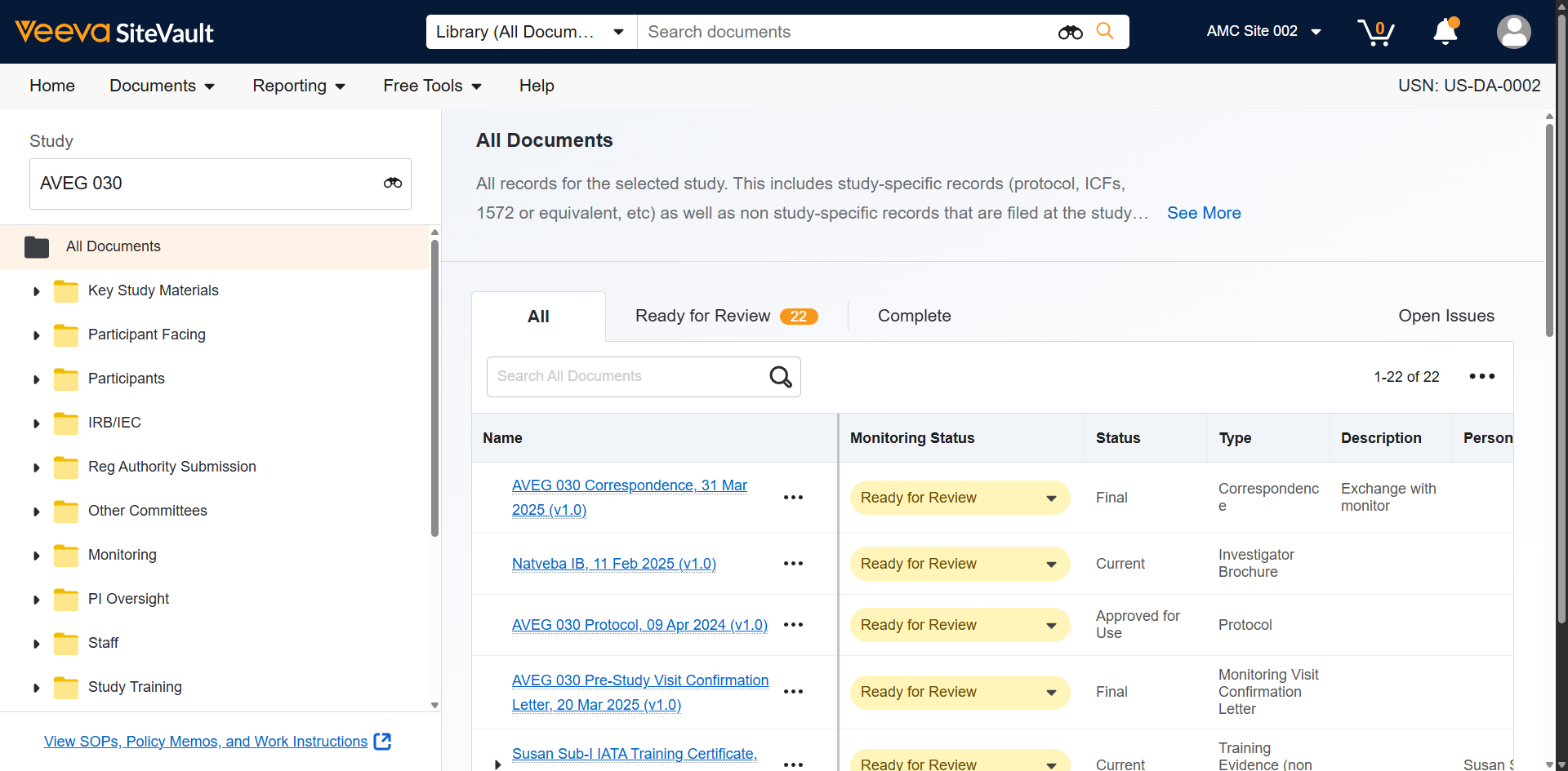 Navigate to the **Ready for Review Tab** of the **study eBinder** for easy identification of documents pending review