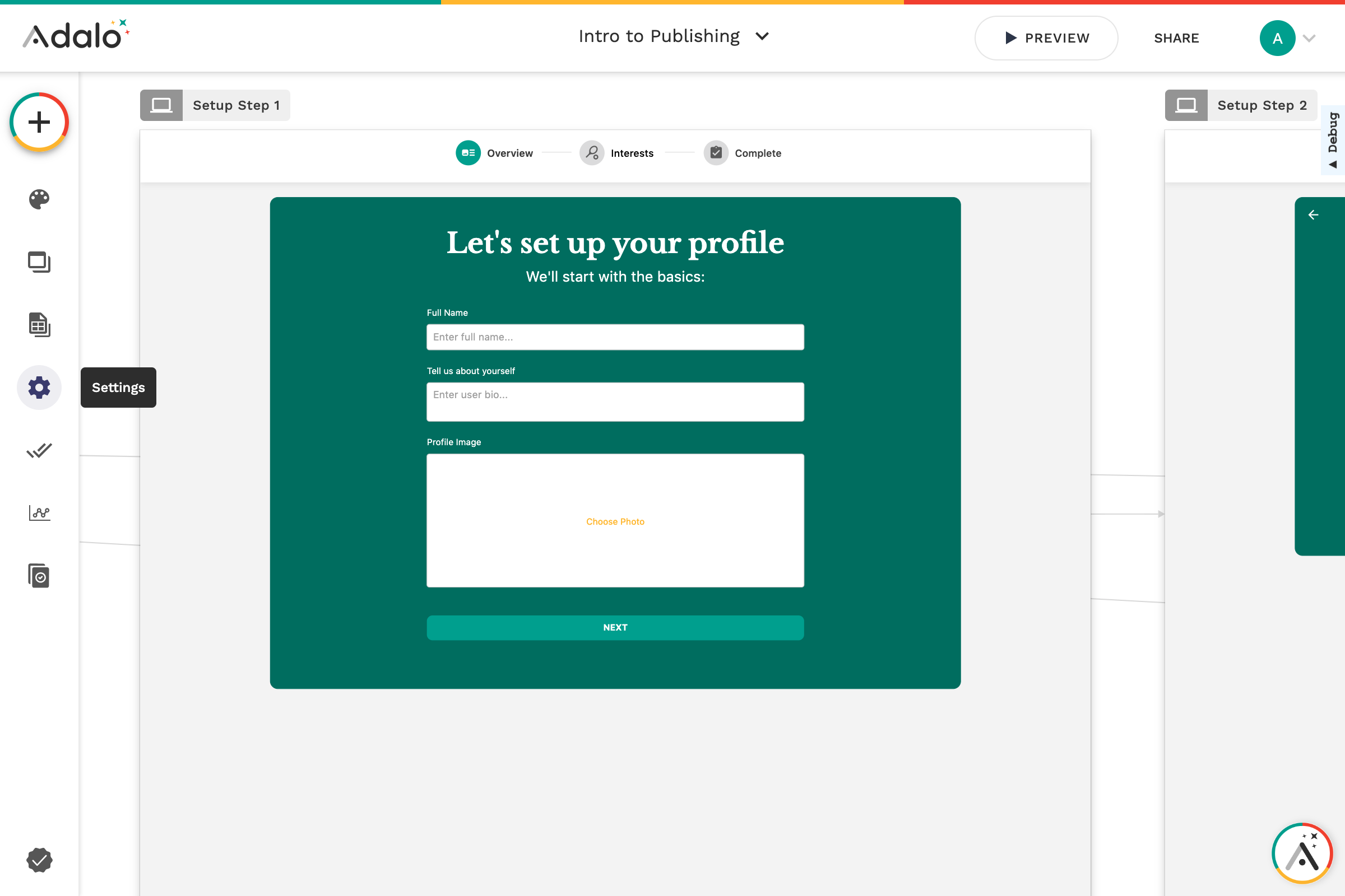 There are three different areas of Adalo that are important for publishing an app. 

First, the app settings area.