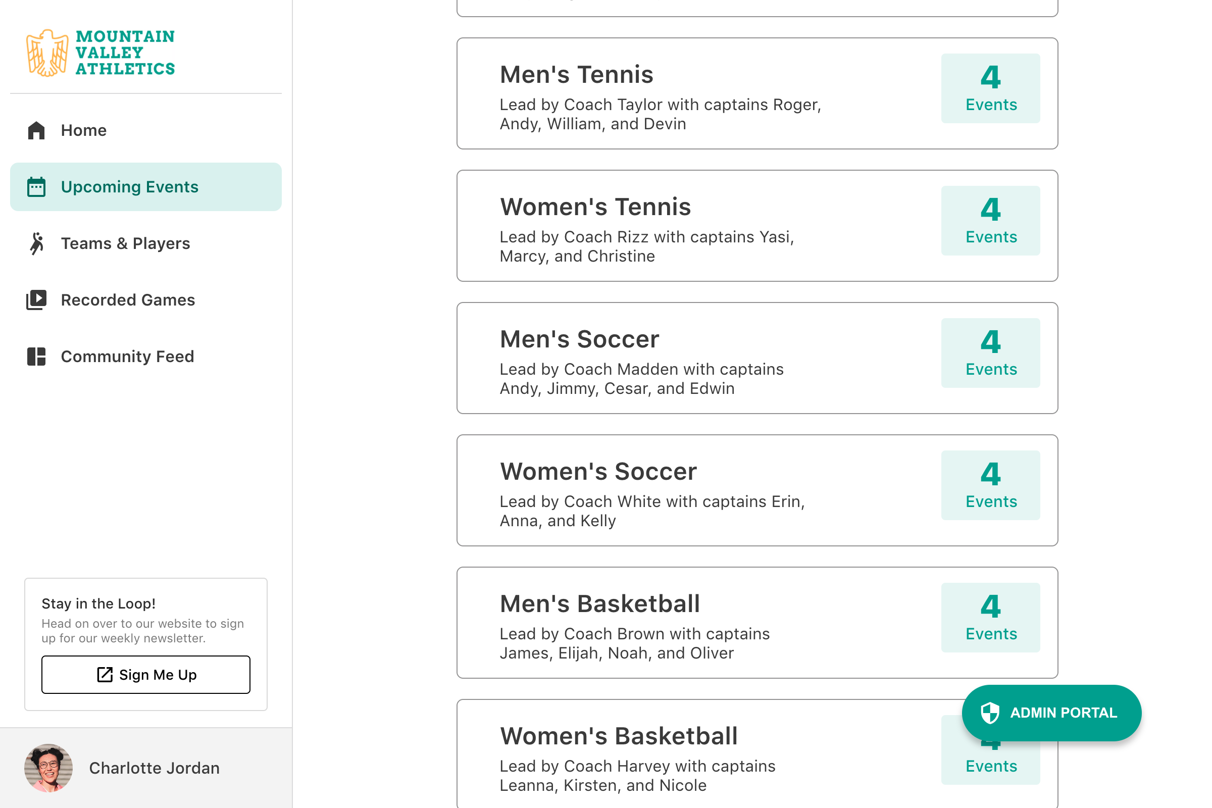 Each category displays the number of events. 

Once selected, users can see individual event details.