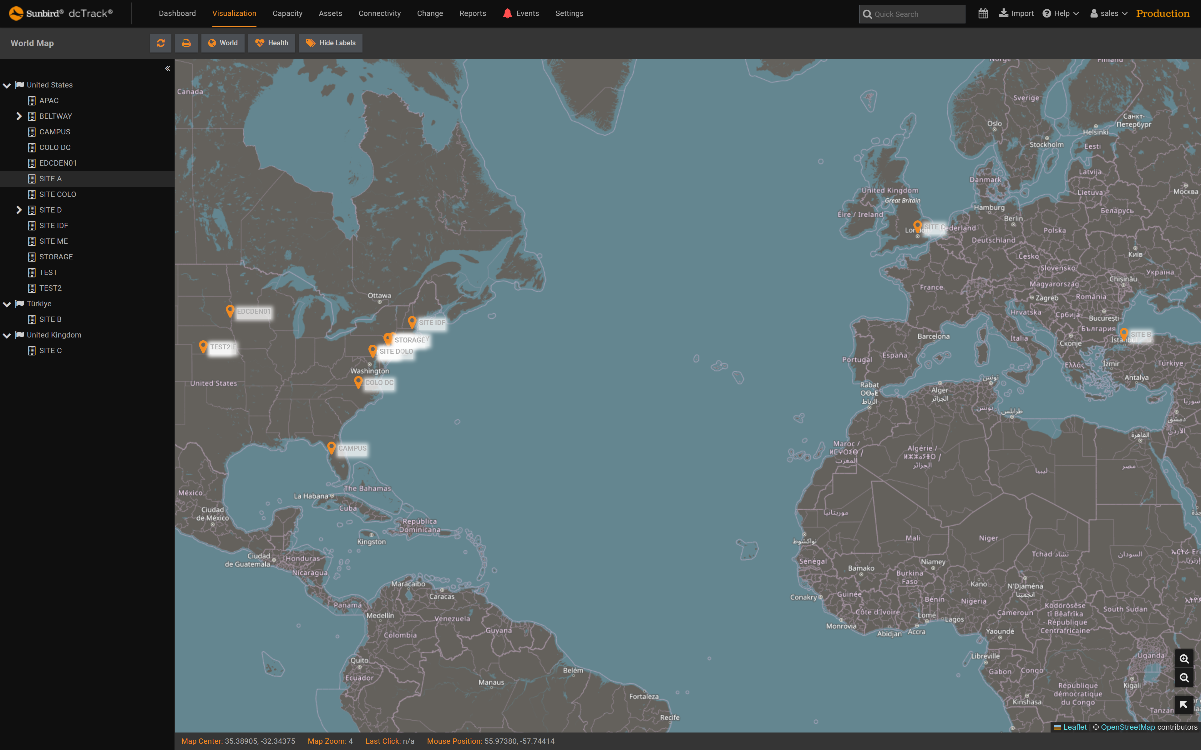 The world map displays all your global sites for easy navigation and at-a-glance insights into their health and capacity.