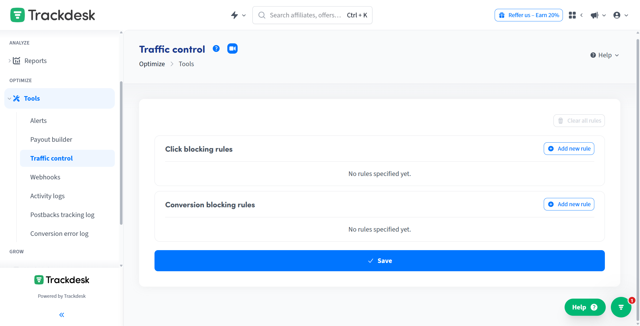 Navigate to the "Tools" section in the menu, and select "Traffic control"