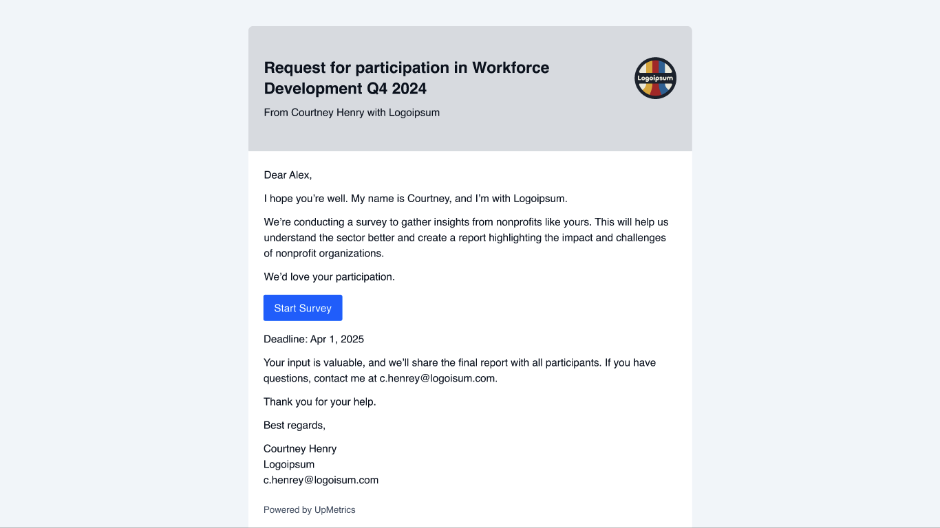 Impact producers receive emails notifying them of new data requests.

They are then prompted to login or create their free UpMetrics account to submit their data.

Multiple users from the same organization can collaborate on the data request, which autosaves as a draft until it is submitted.