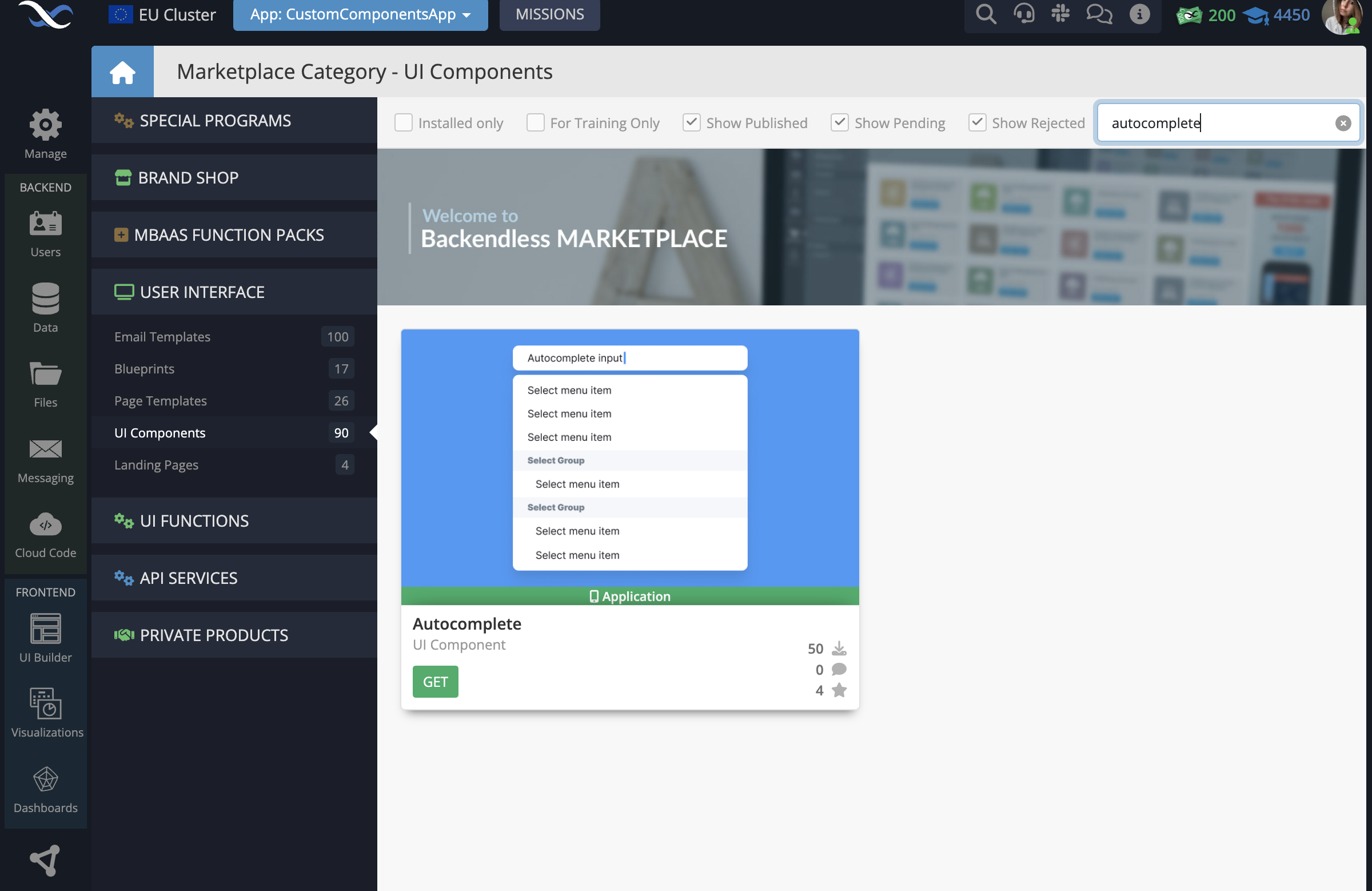 In your Backendless App, go to the Marketplace -> User Interface tab and install the Autocomplete component