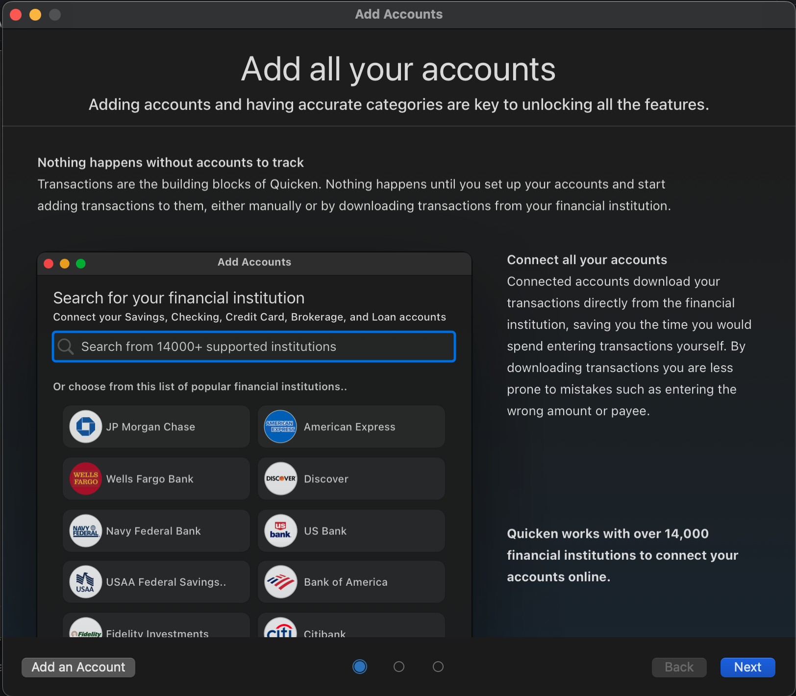 Your users can select your financial institution from Quicken's comprehensive list for seamless access.