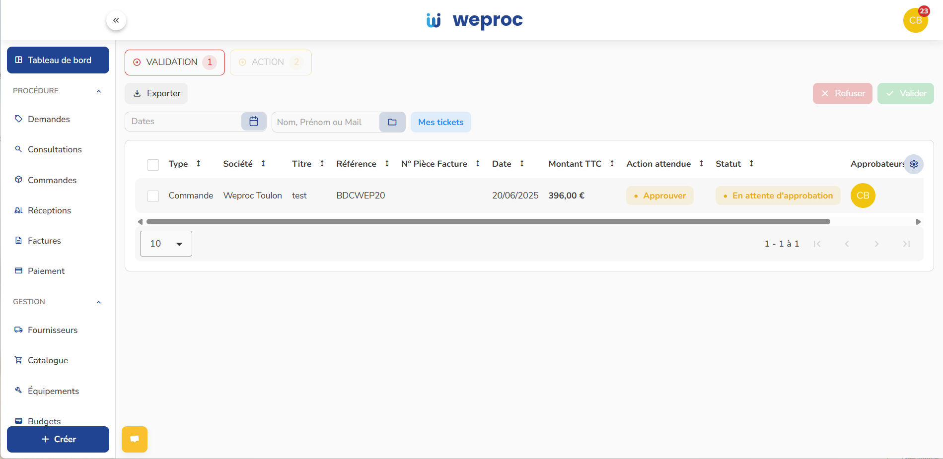Une fois connecté, vous êtes automatiquement redirigez sur 
 **votre tableau de bord**. Ce module vous résume les validations et actions à effectuer.