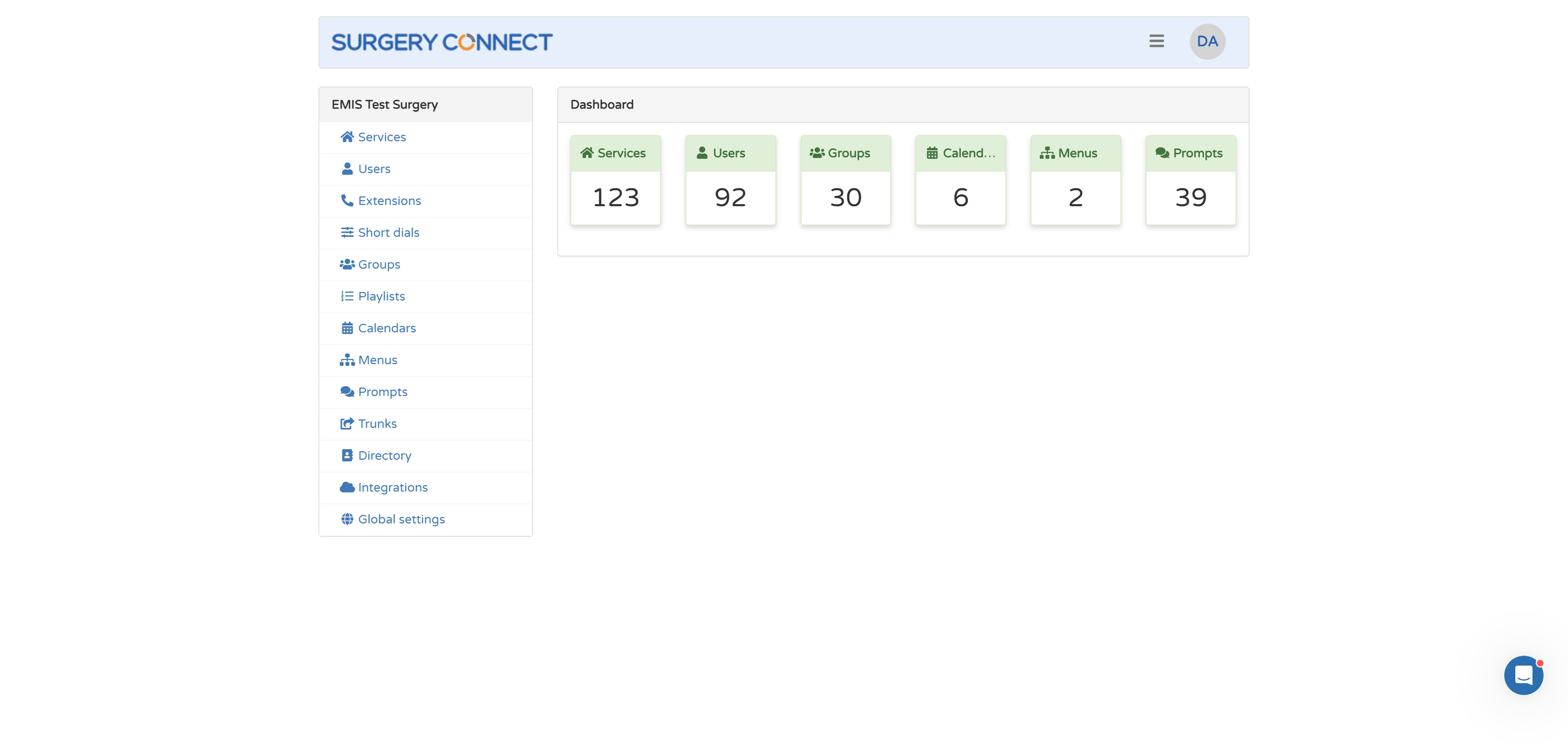 To the left of the Configuration Console you will see the menu.

This gives you access to the configurable aspects of Surgery Connect and other useful information.

Select **Global Settings**