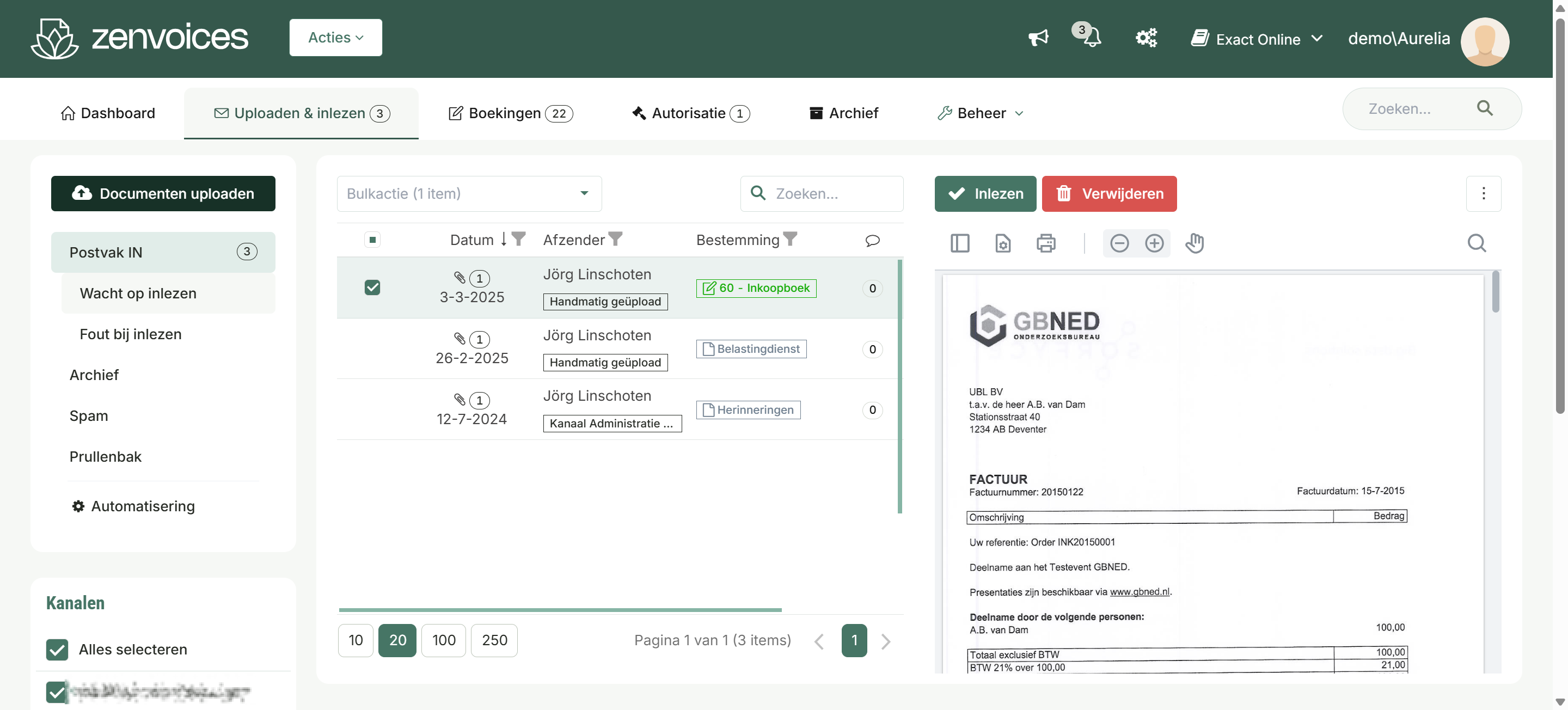 Klik op **Postvak IN** om uw inkomende documenten te beheren en verwerken.