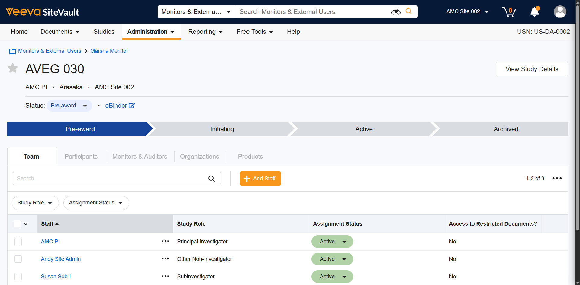 To review all the **Monitor Assignments** for a study, navigate to the **Study Page** and select the **Monitors & Auditors Tab**