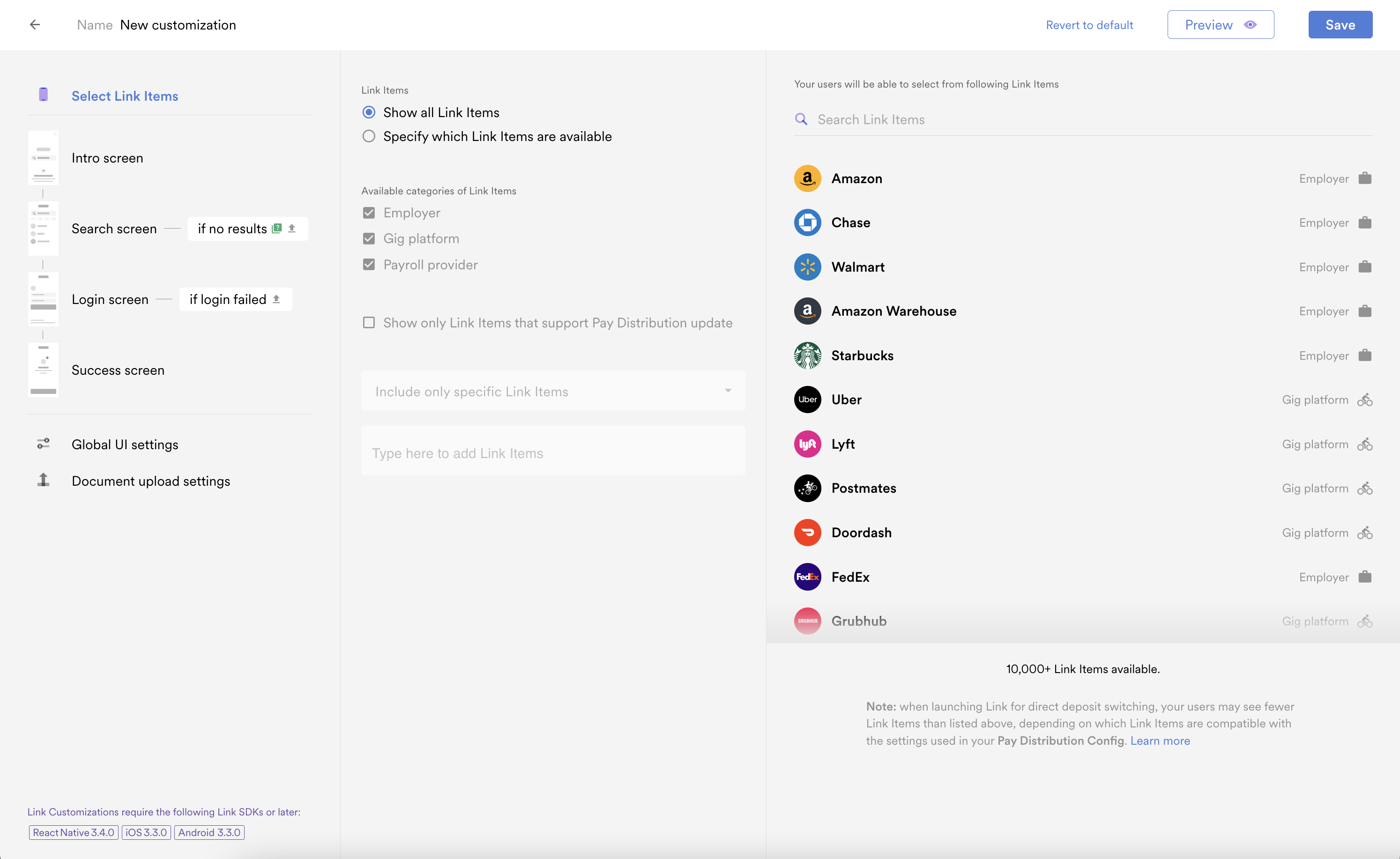 Navigate through Link screens below to customize. 