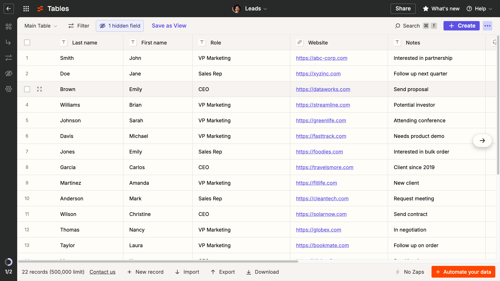 Add or import leads to Tables.

Then add an **AI field to enrich each lead.**