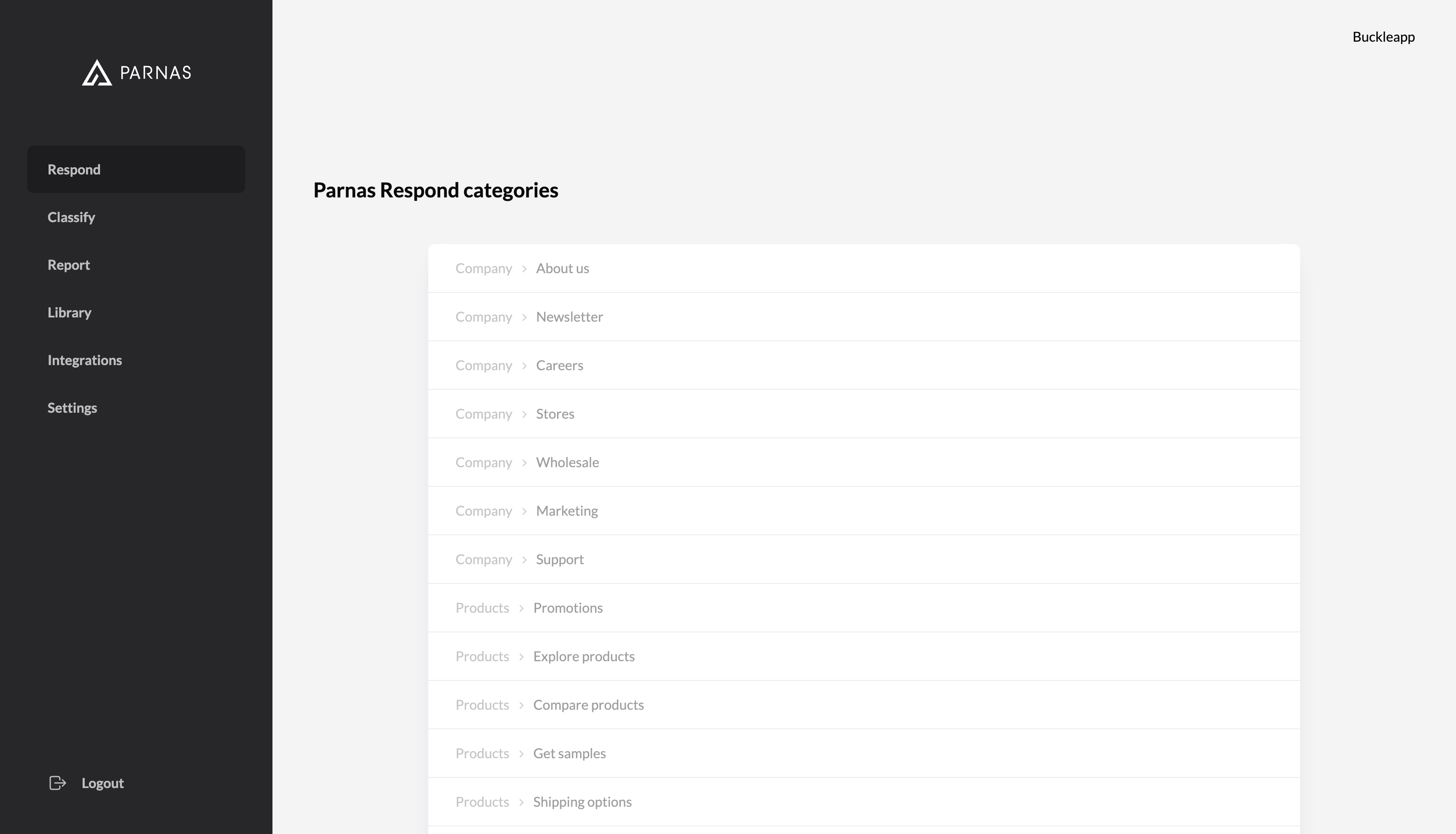 <p style="font-size:1.2em;font-weight:600;">Part 1: Enable Zendesk integration.</p> 
After signup, you get to the <b>Respond</b> page with pre-defined categories for your domain (> 50 categories).

Let's enable the integration with Zendesk first.