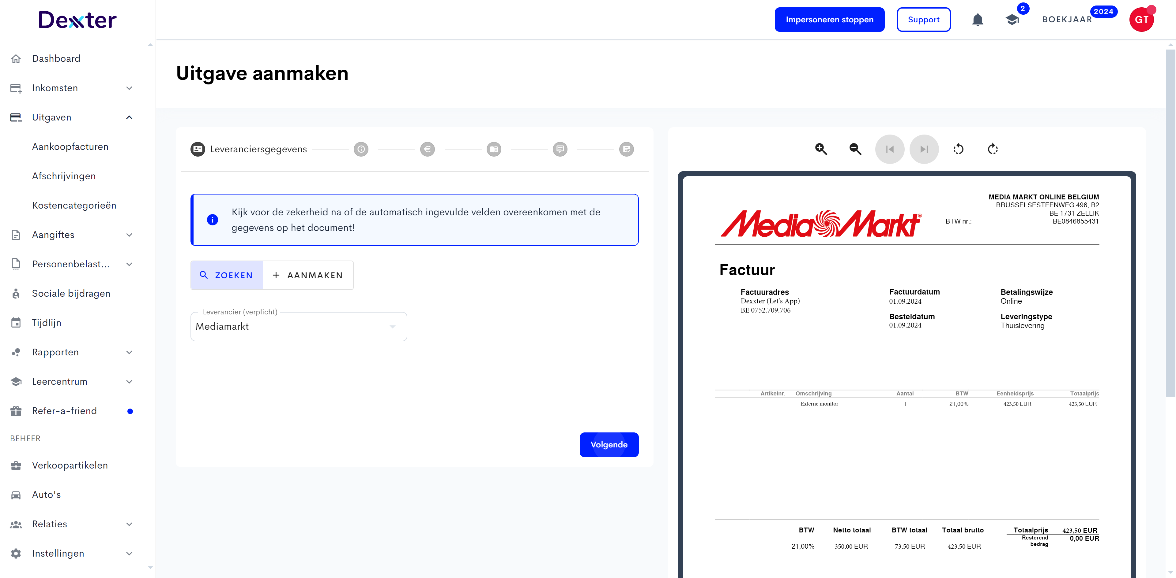 We gaan onze investering inboeken. De leverancier is automatisch correct uitgelezen. 