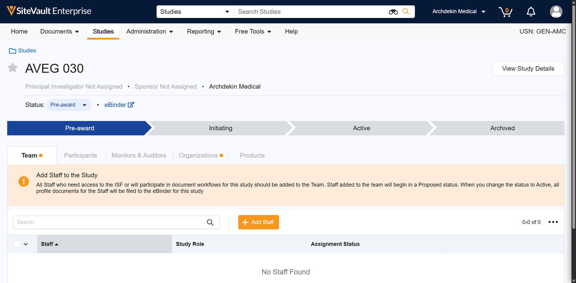 Navigate to the relevant study and select **+ Add Staff** 