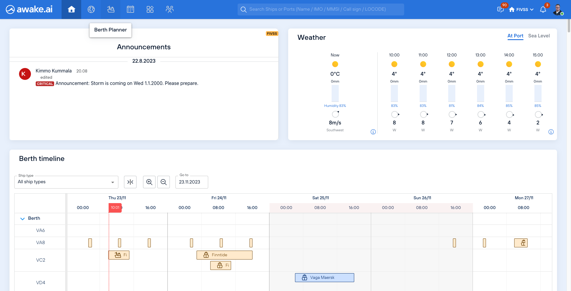 Open berth planner from this top level icon