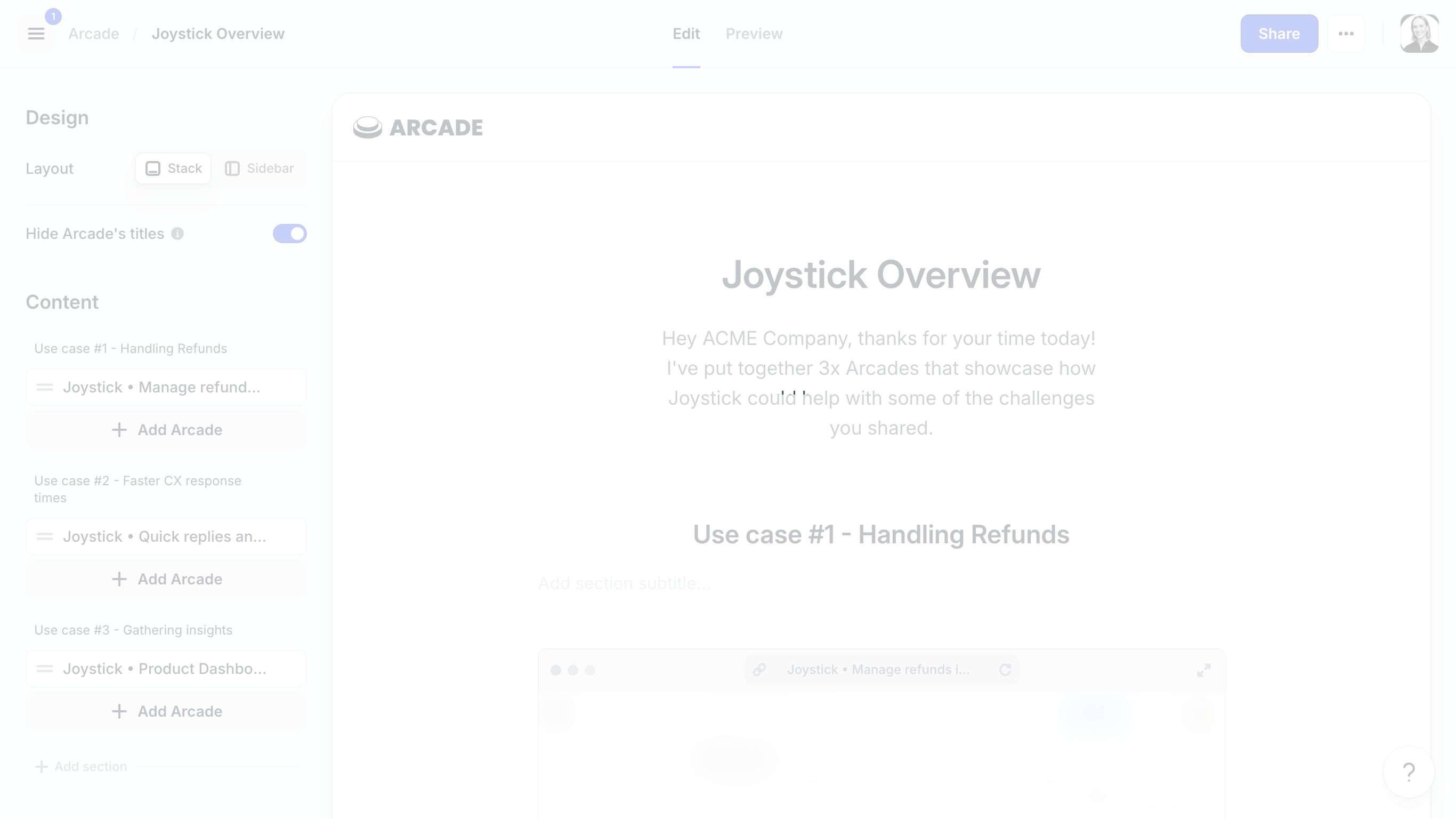 **Use case**: Post-demo follow-up

In this example, let's pretend that you are an account executive for Joystick and are sending follow-up materials after a demo to Acme Company for them to share internally with key stakeholders.