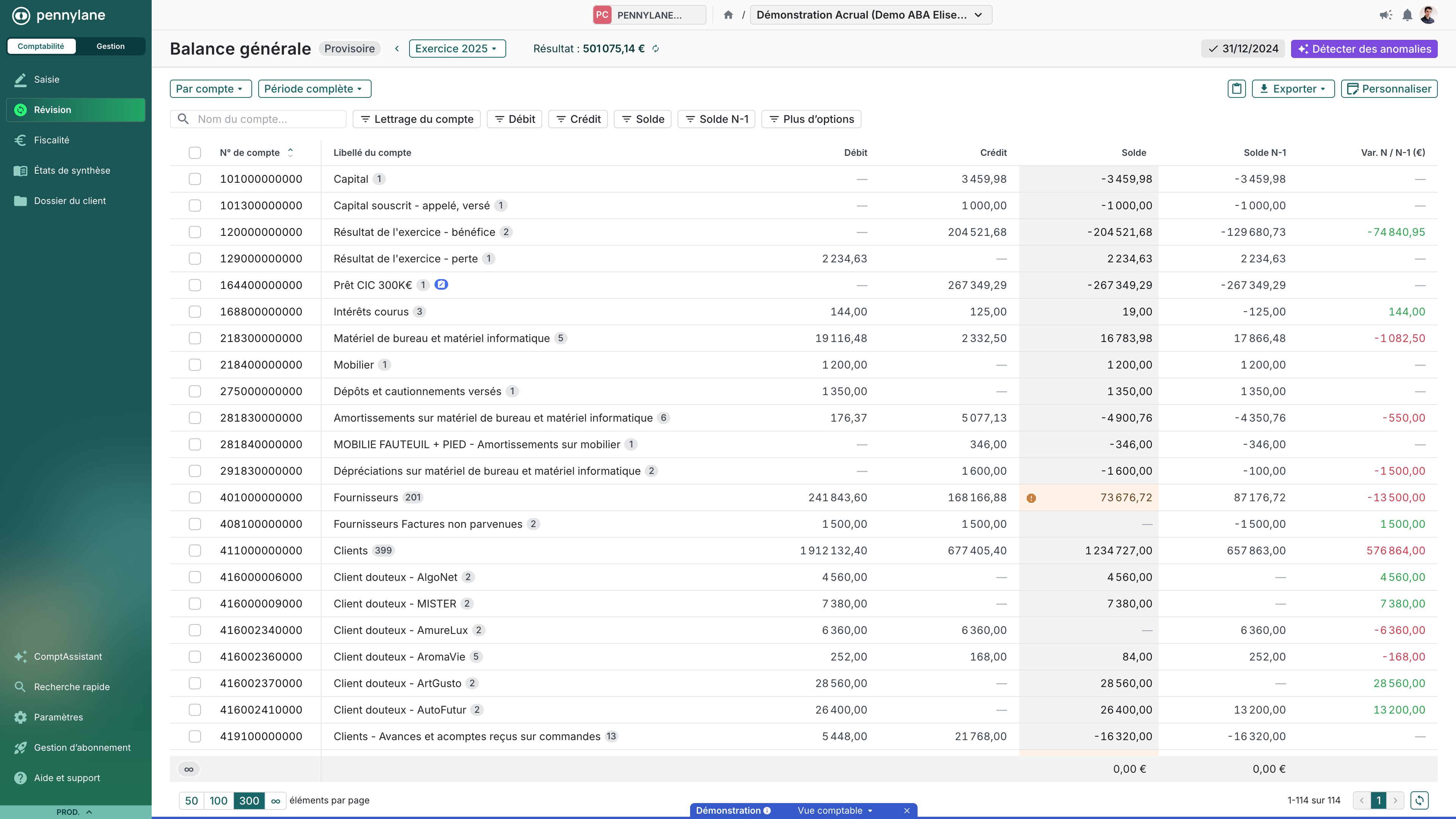 Pour accéder au module, cliquez sur Révision > Créances douteuses.
