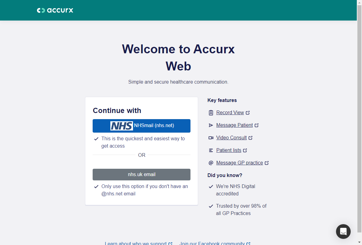 Click to log in to Accurx Web with NHSmail single sign-on.