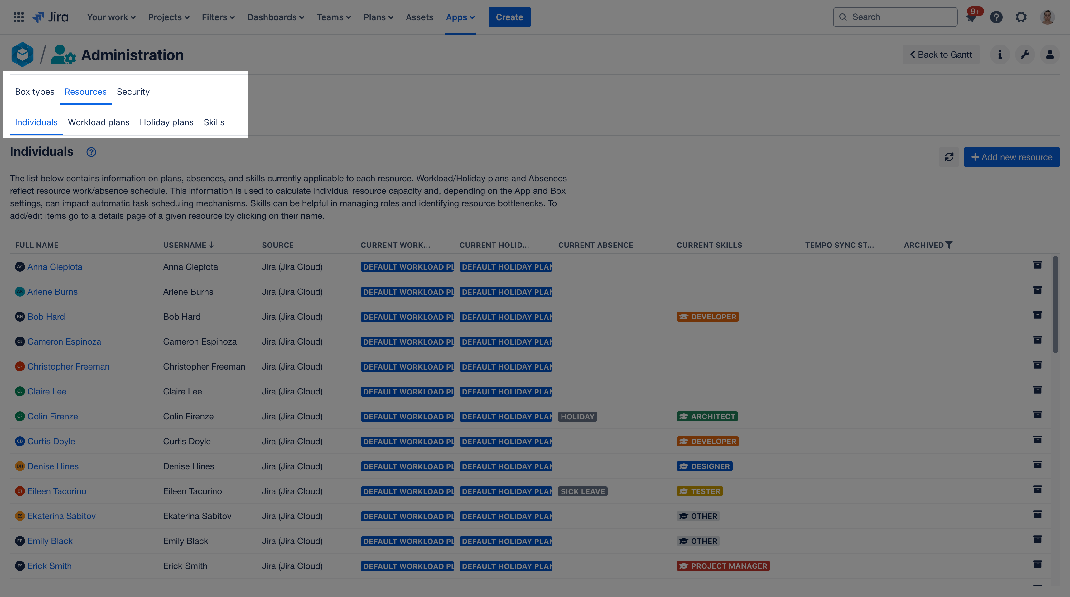 The *Individuals* tab of app *Administration* opens. 

Switch between tabs to access workload plans, holiday plans, and skills.