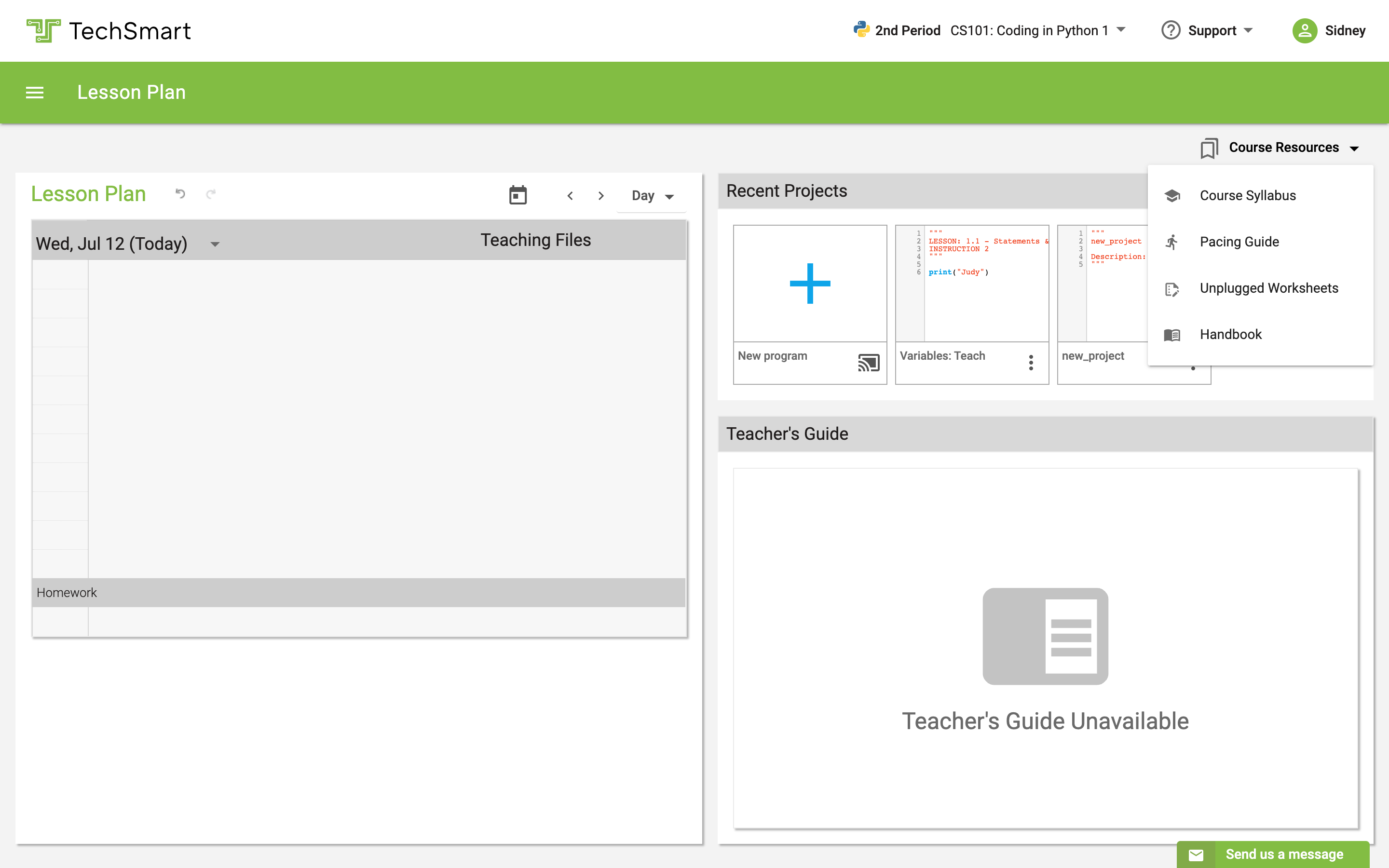 Resources available include the course syllabus, pacing guide, unplugged worksheets, as well as the Teacher Handbook. 