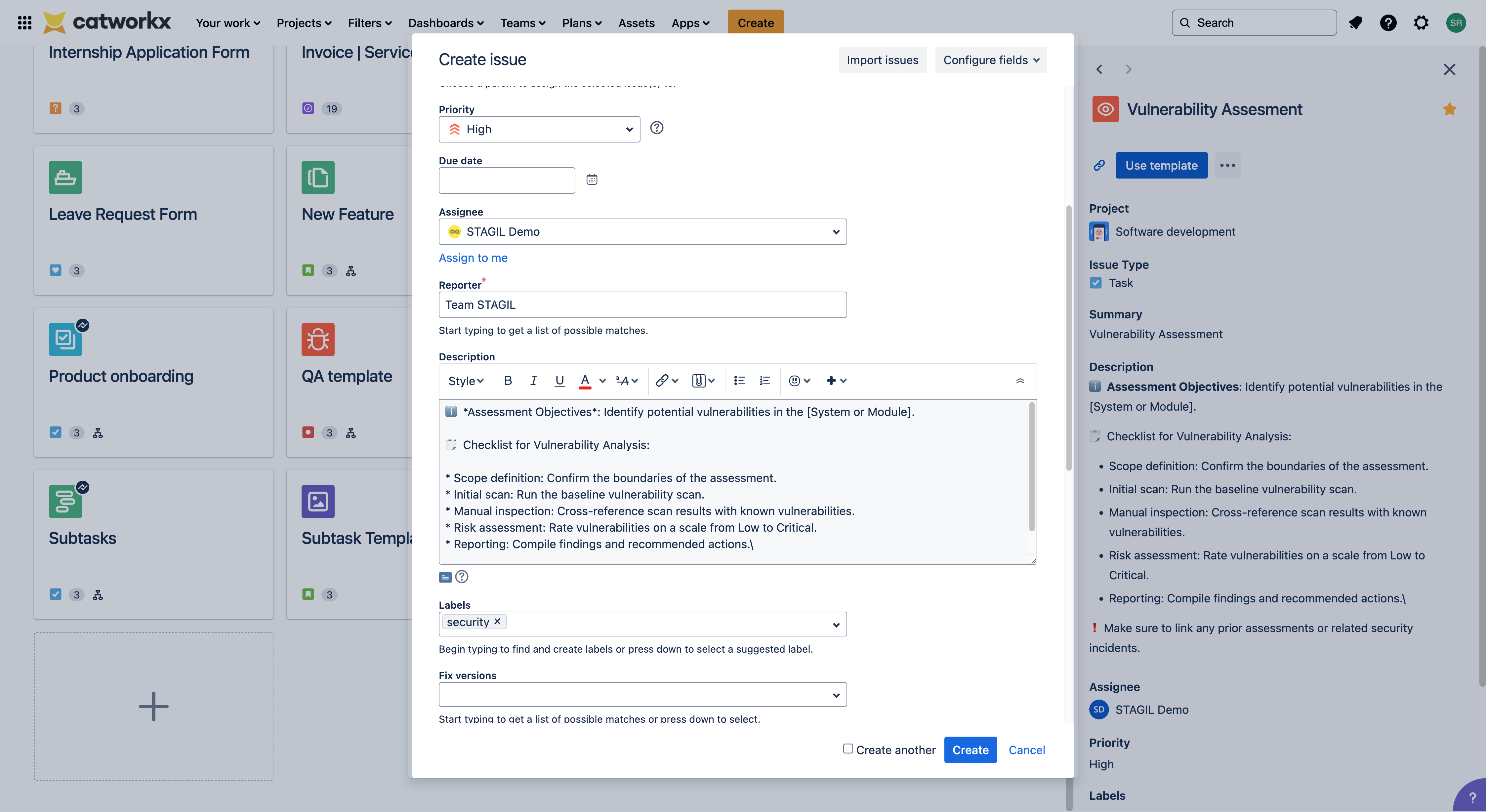 Preview issue in a 'Create' screen and custom fields pre-filled with template default values. 