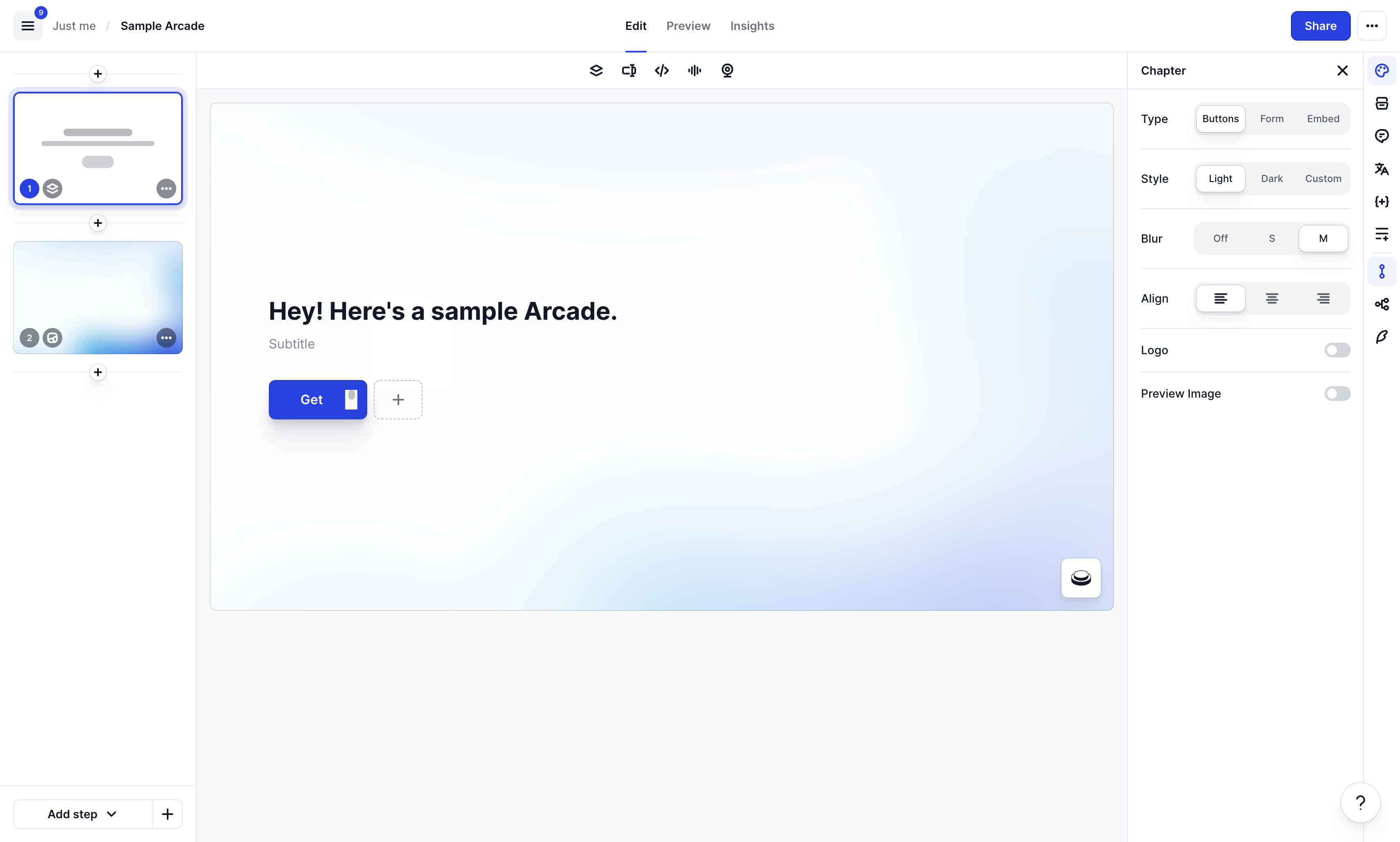 To begin sharing your project, click the **Share** button in the top right corner. 