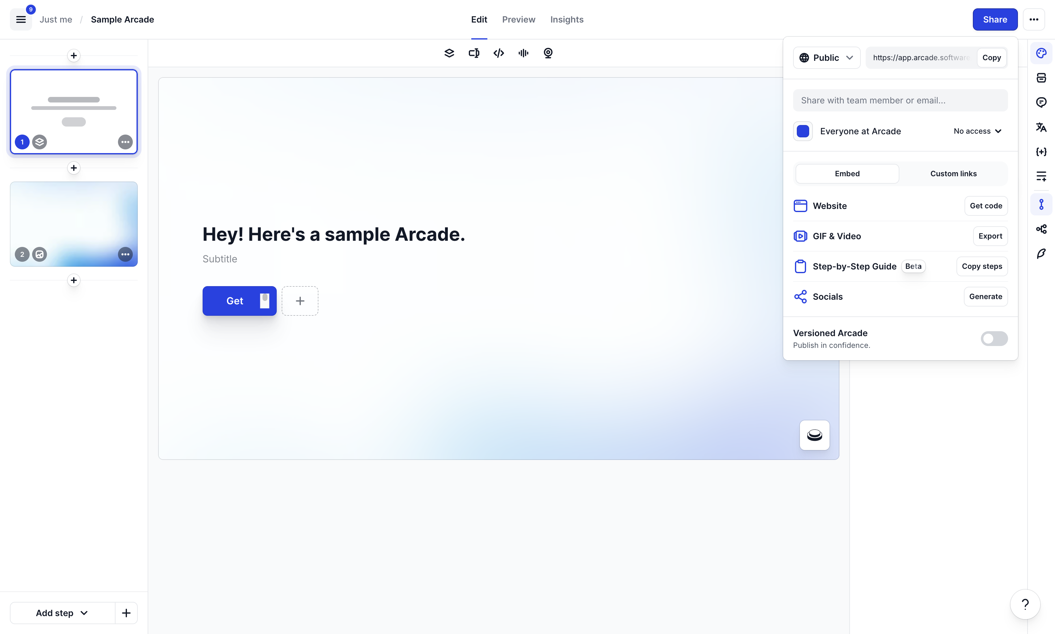 Enable **version control** by toggling the Versioned Arcade switch. 

This lets you track changes and publish controlled versions, ensuring your edits are managed and reversible.