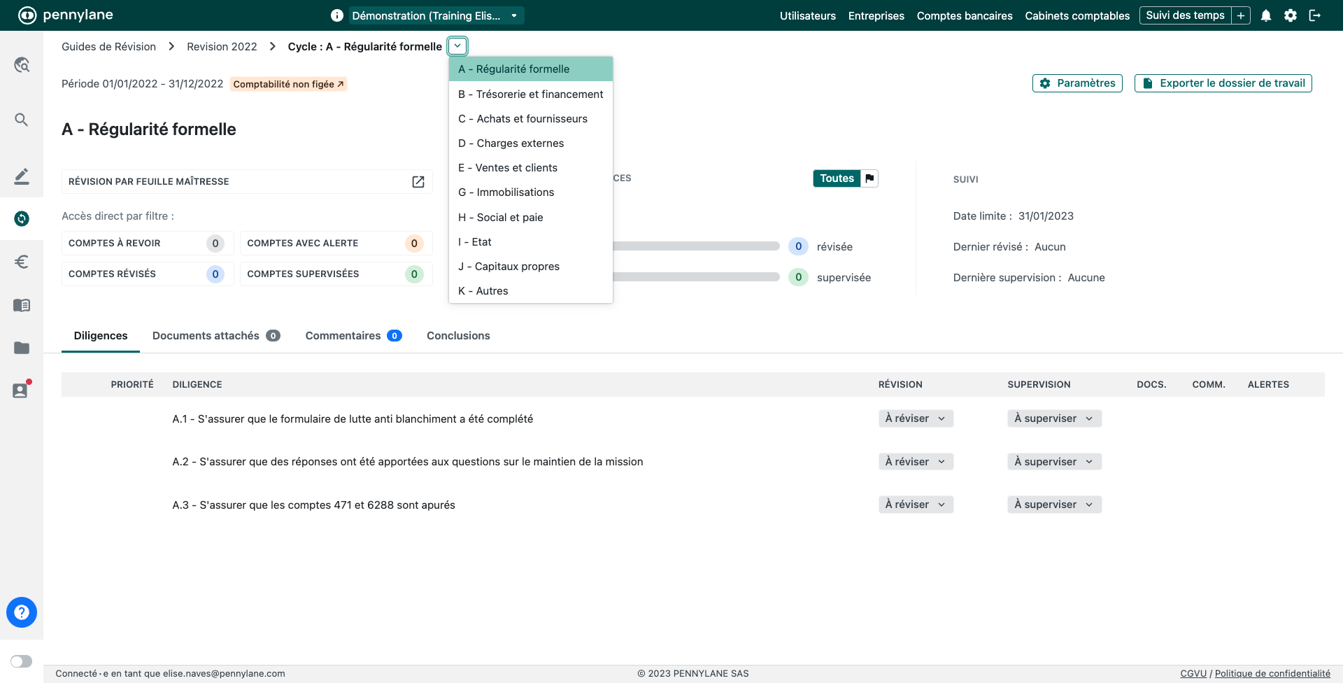 Retrouvez sous chaque menu, tous les documents, commentaires et conclusions des diligences d'un cycle.