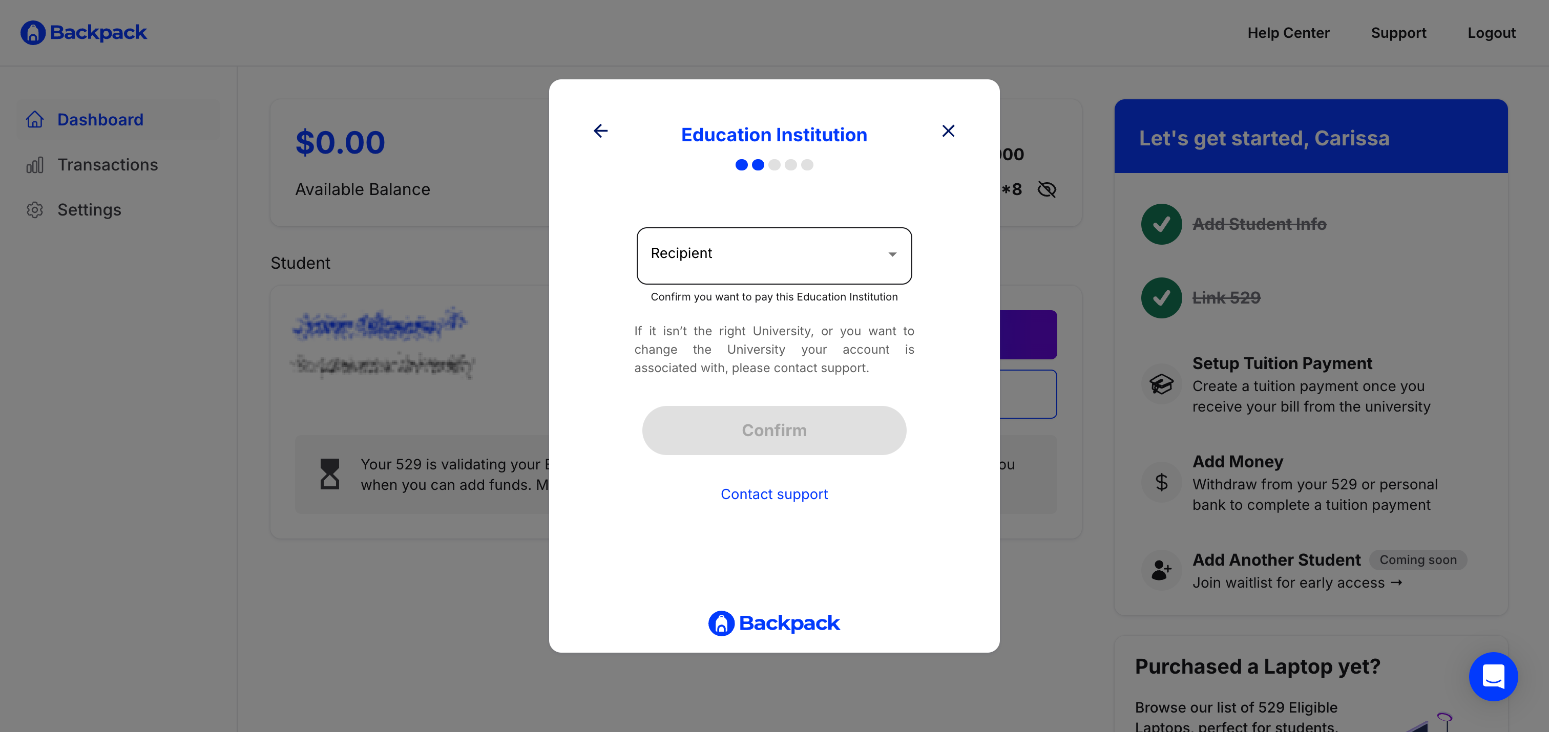 Select the school receiving your payment.