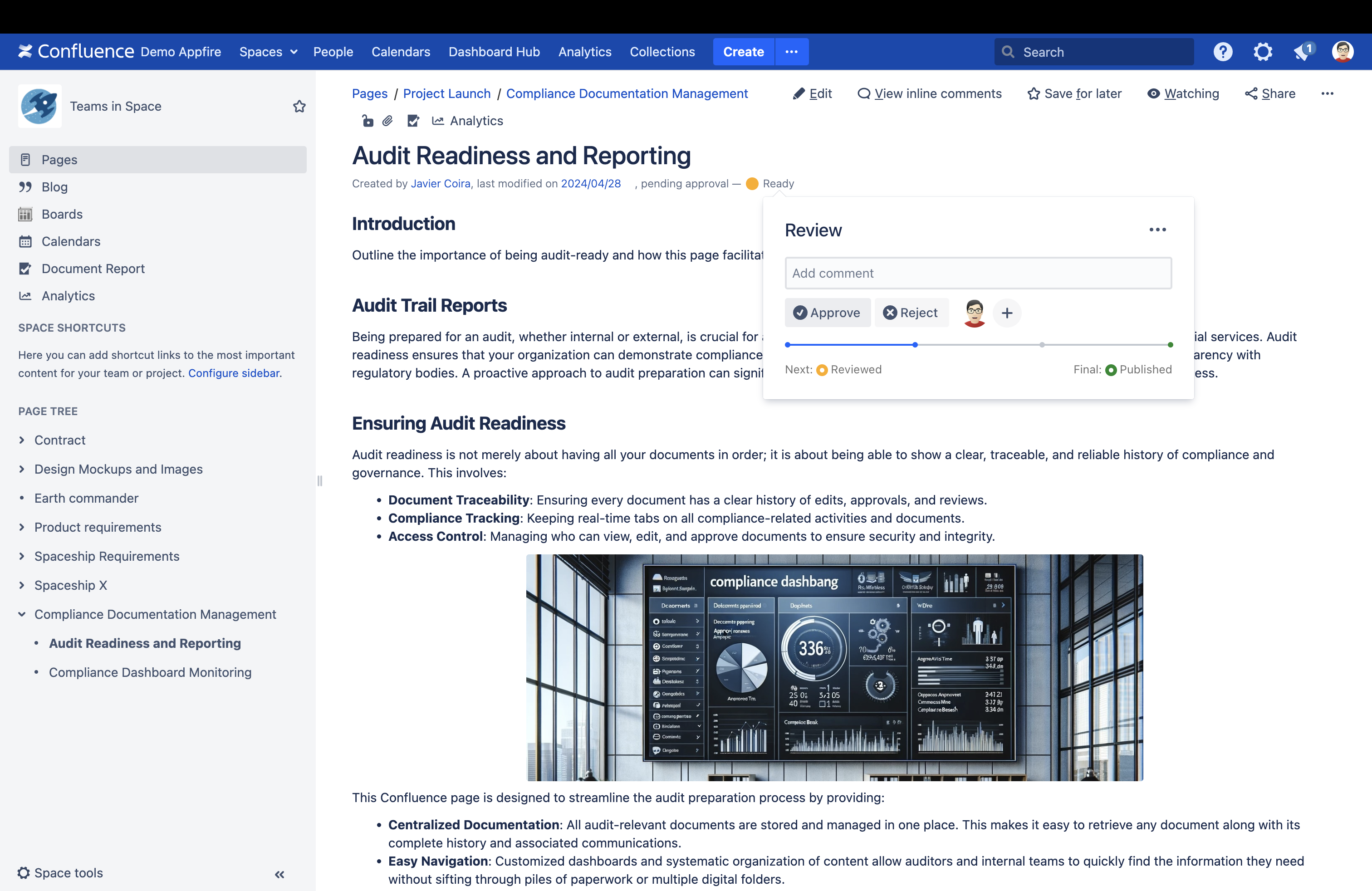 Comala Document Management (CDM) enables you to implement a comprehensive document lifecycle management process directly within Confluence.