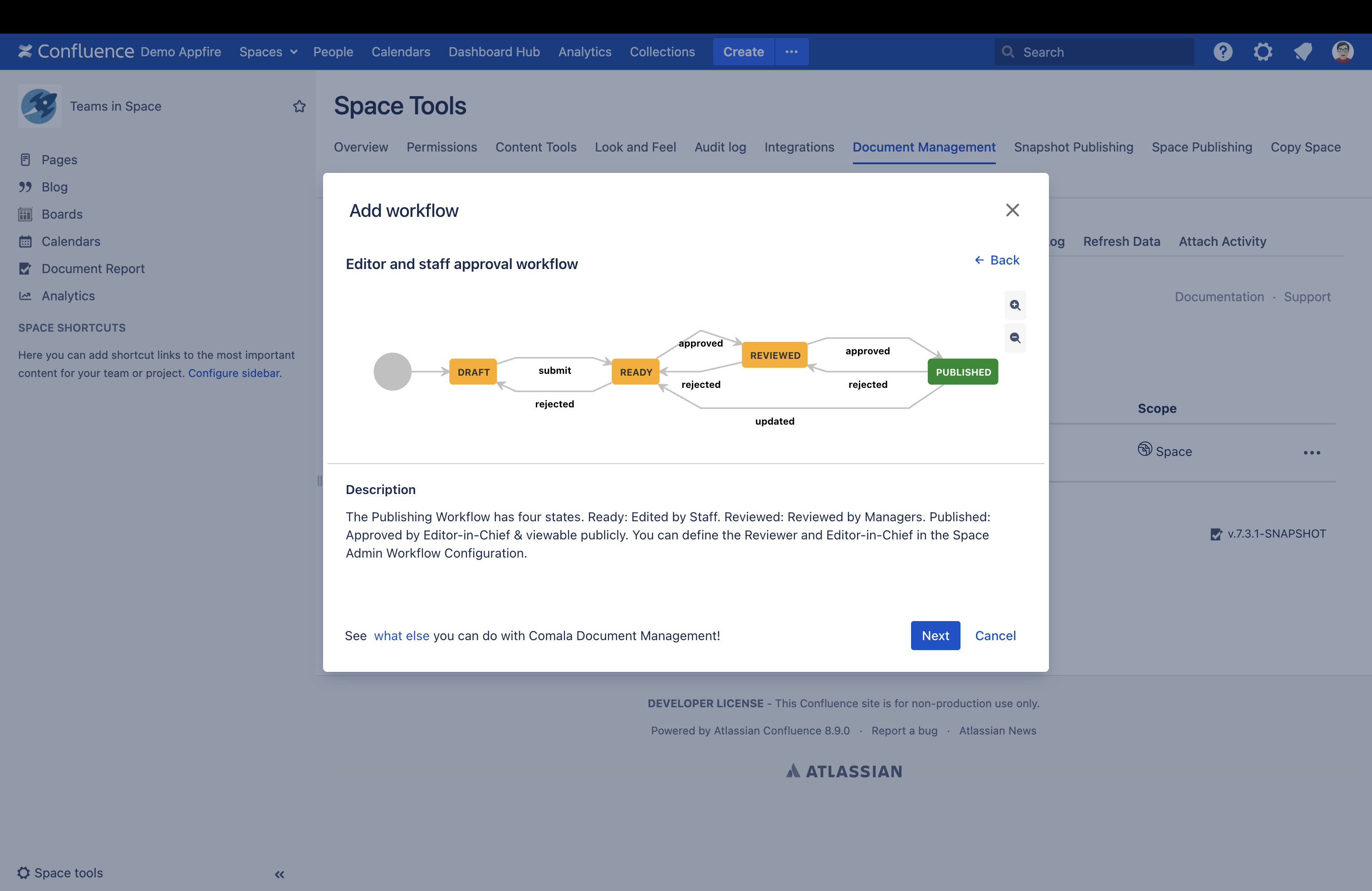 Add workflows to all pages in a space to follow a streamlined Regulatory Compliance process.