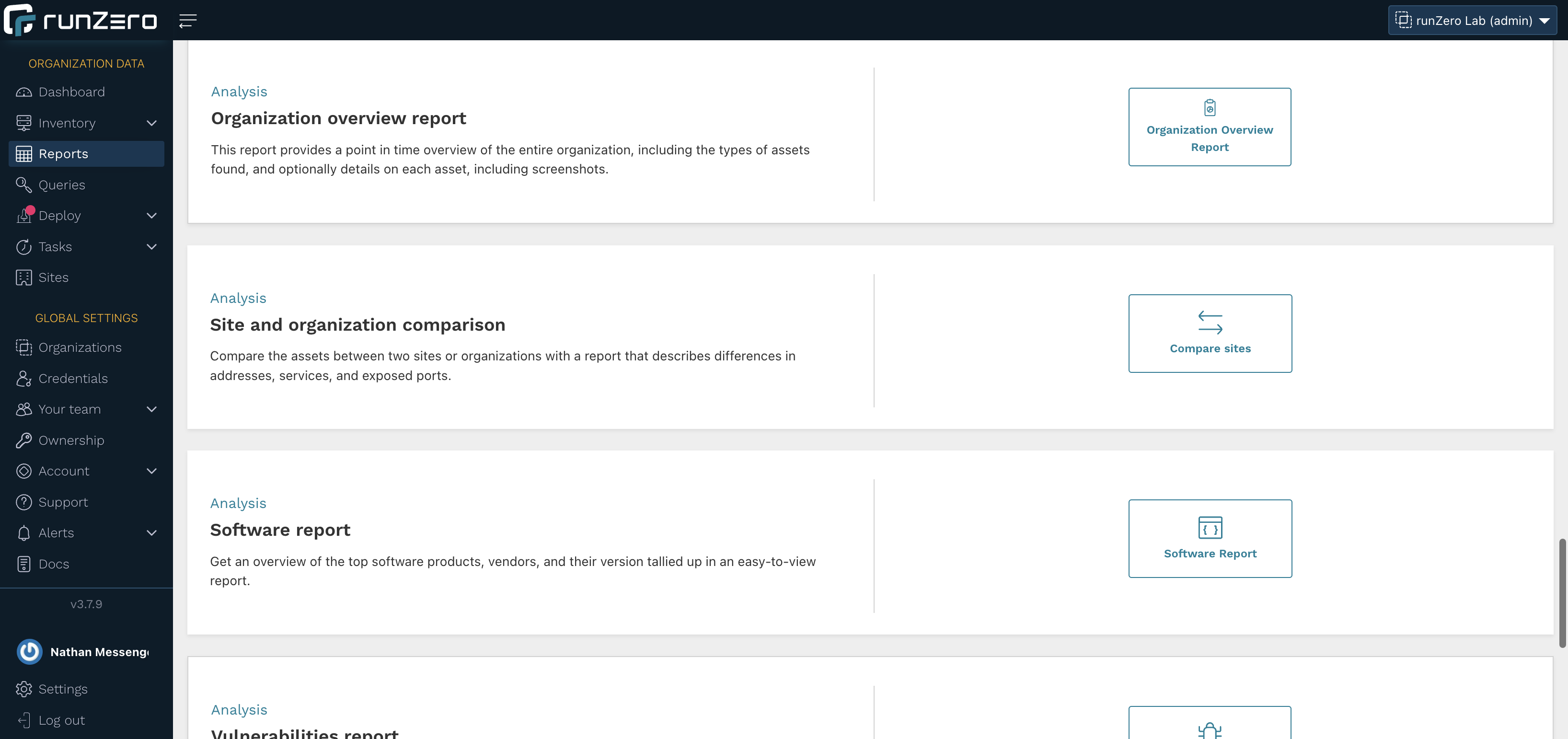 Scroll down the Reports page and select the Site and organization comparison report. Click the Compare sites button.