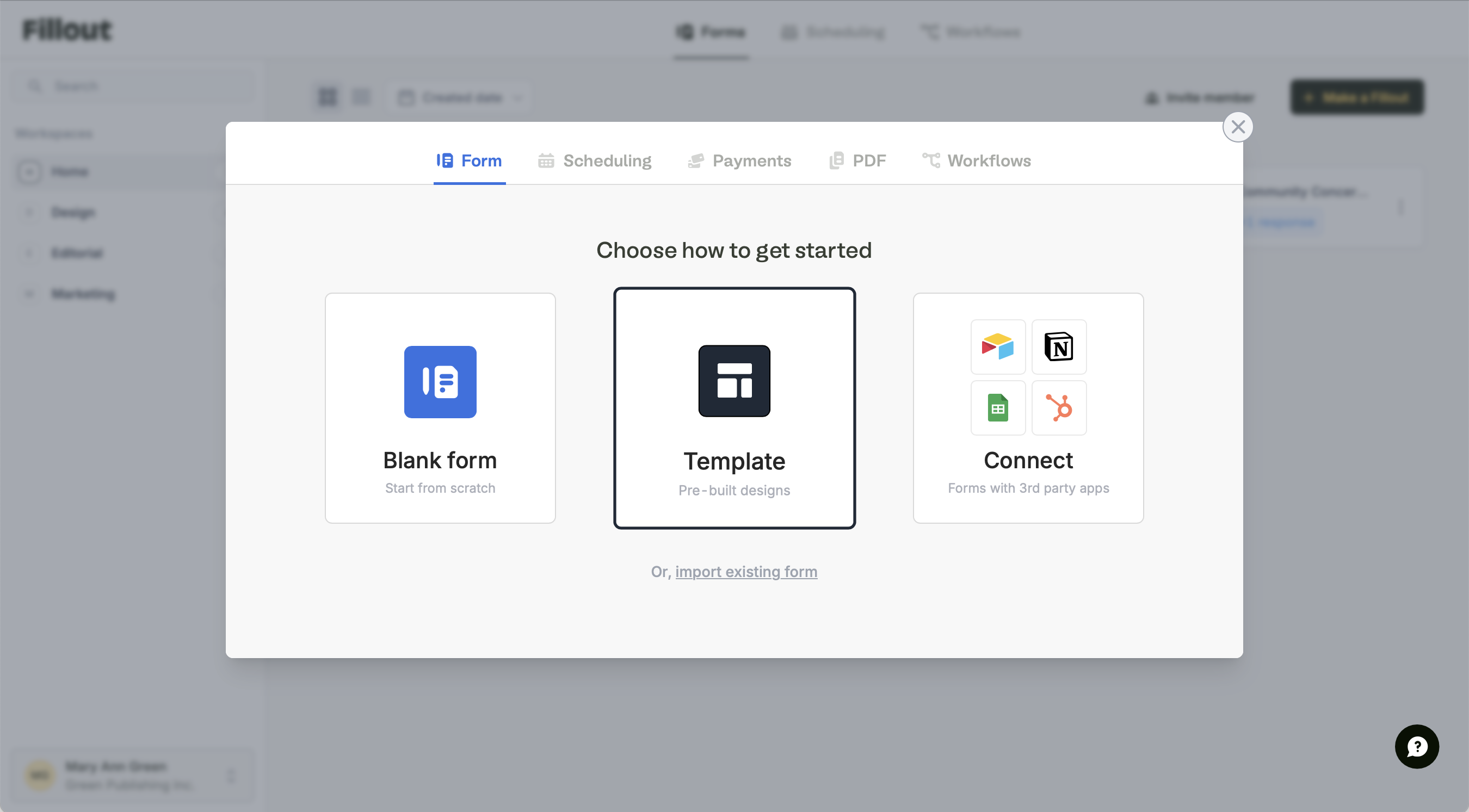 You can start with a blank form, template, or an integration (like Airtable or Notion). For this example, let's choose a template.