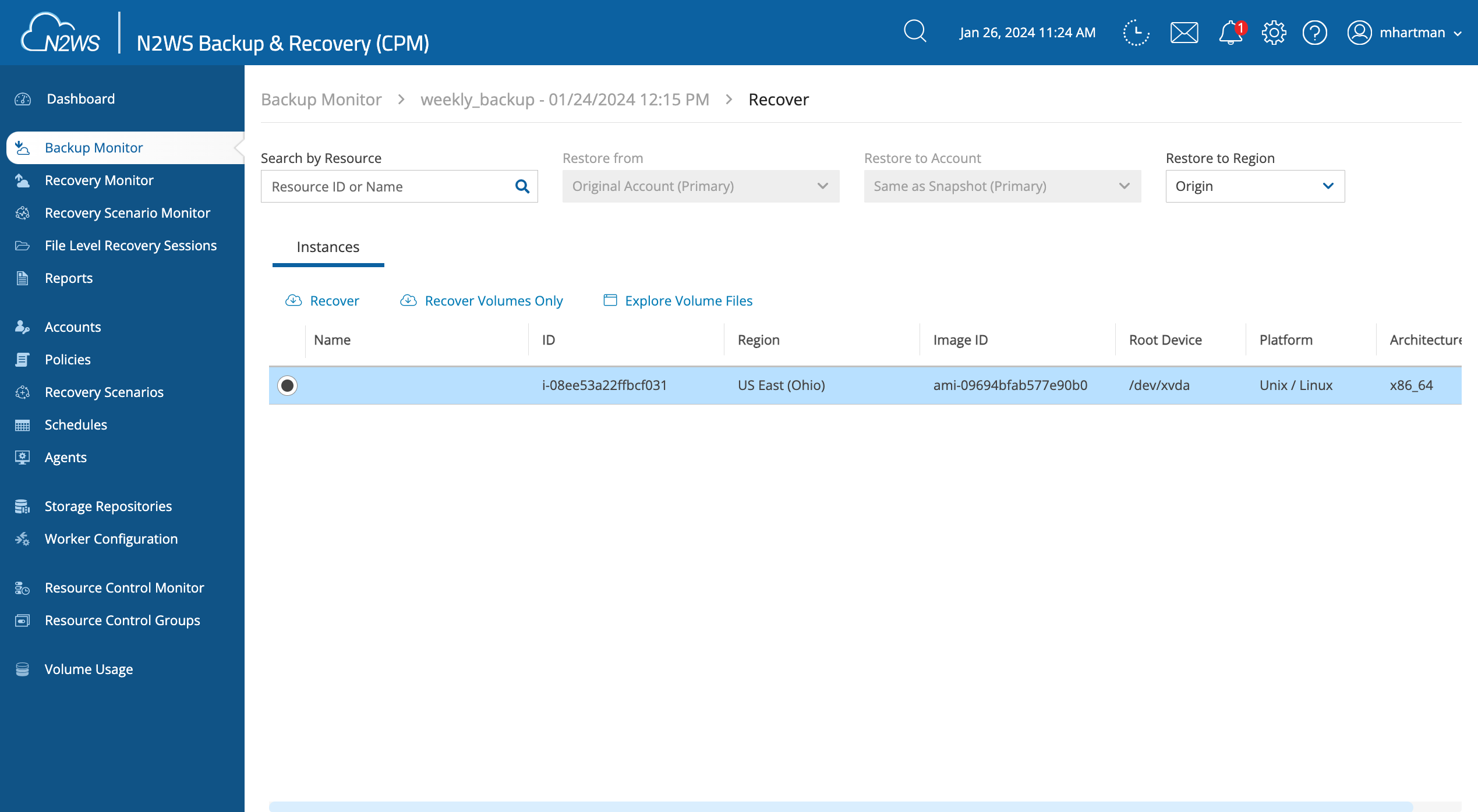 You can choose to recover the entire instance with network settings, just the attached volumes, or browse for specific files and folders.