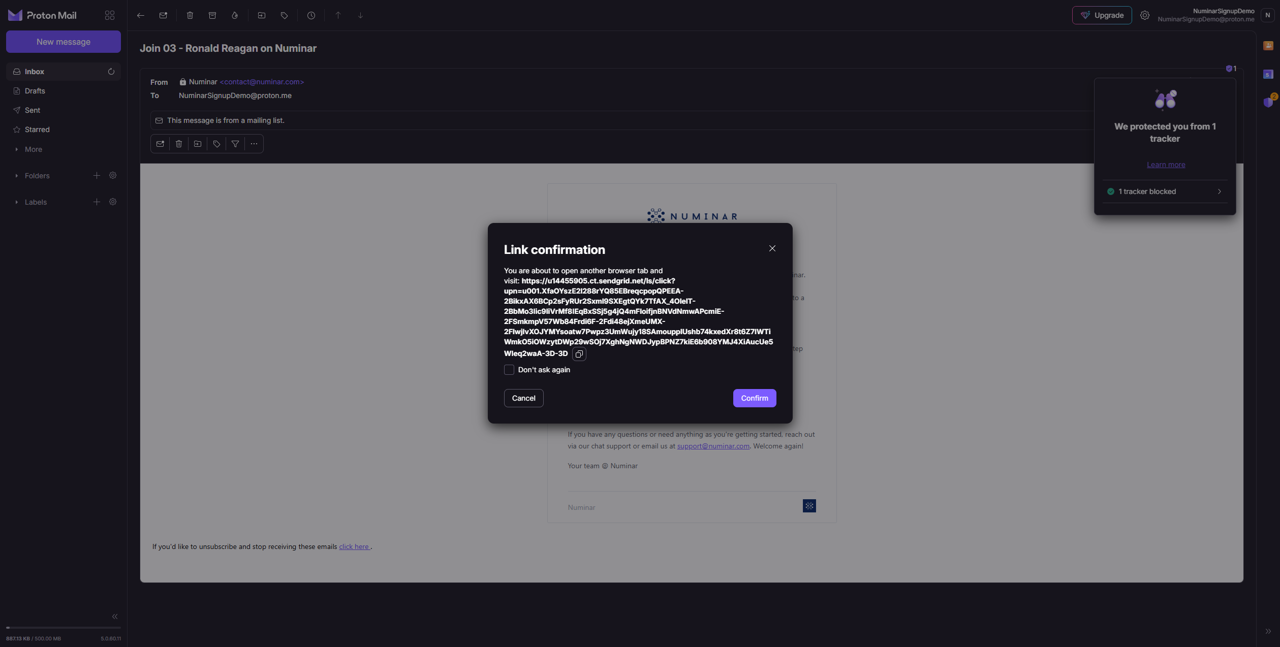 Click **Confirm** to proceed with opening the link in a new browser tab. This action will take you to the Numinar website.
