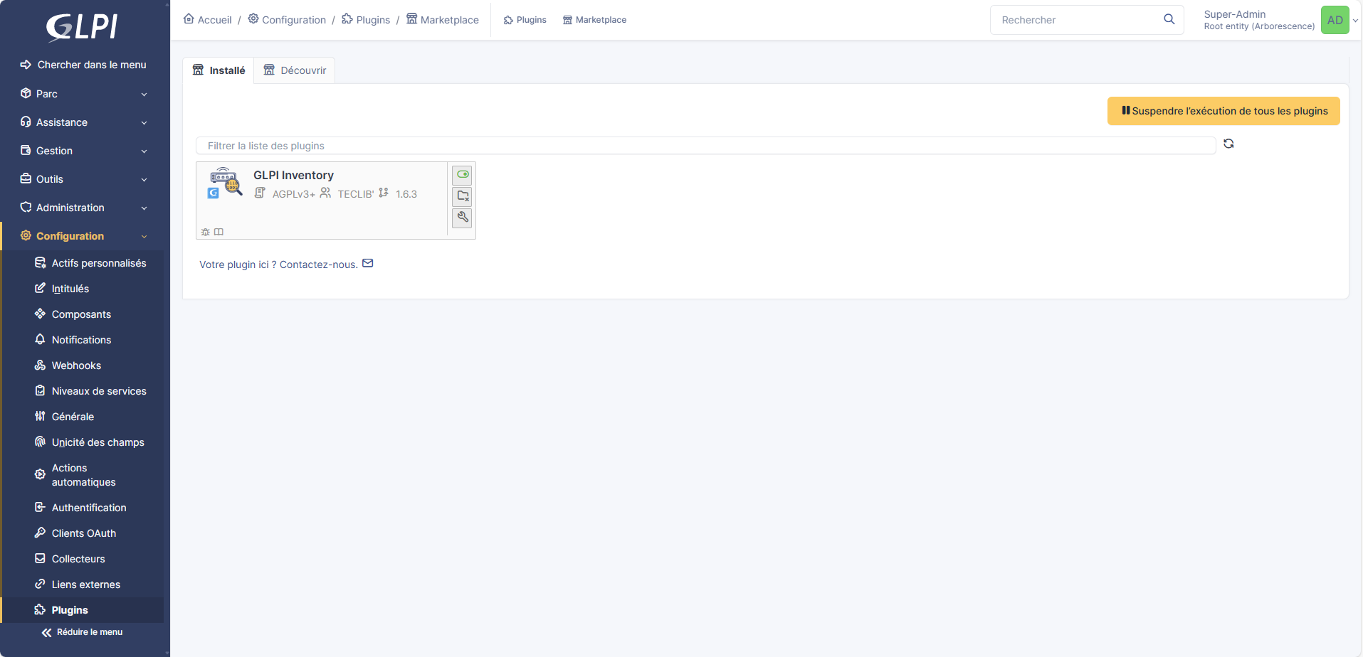 Grâce au plugin GLPI Inventory disponible depuis le marketplace, vous pourrez effectuer une découverte et un inventaire réseau, des déploiements de paquets, des collectes de données, ou un inventaire distant des hôtes VMware.