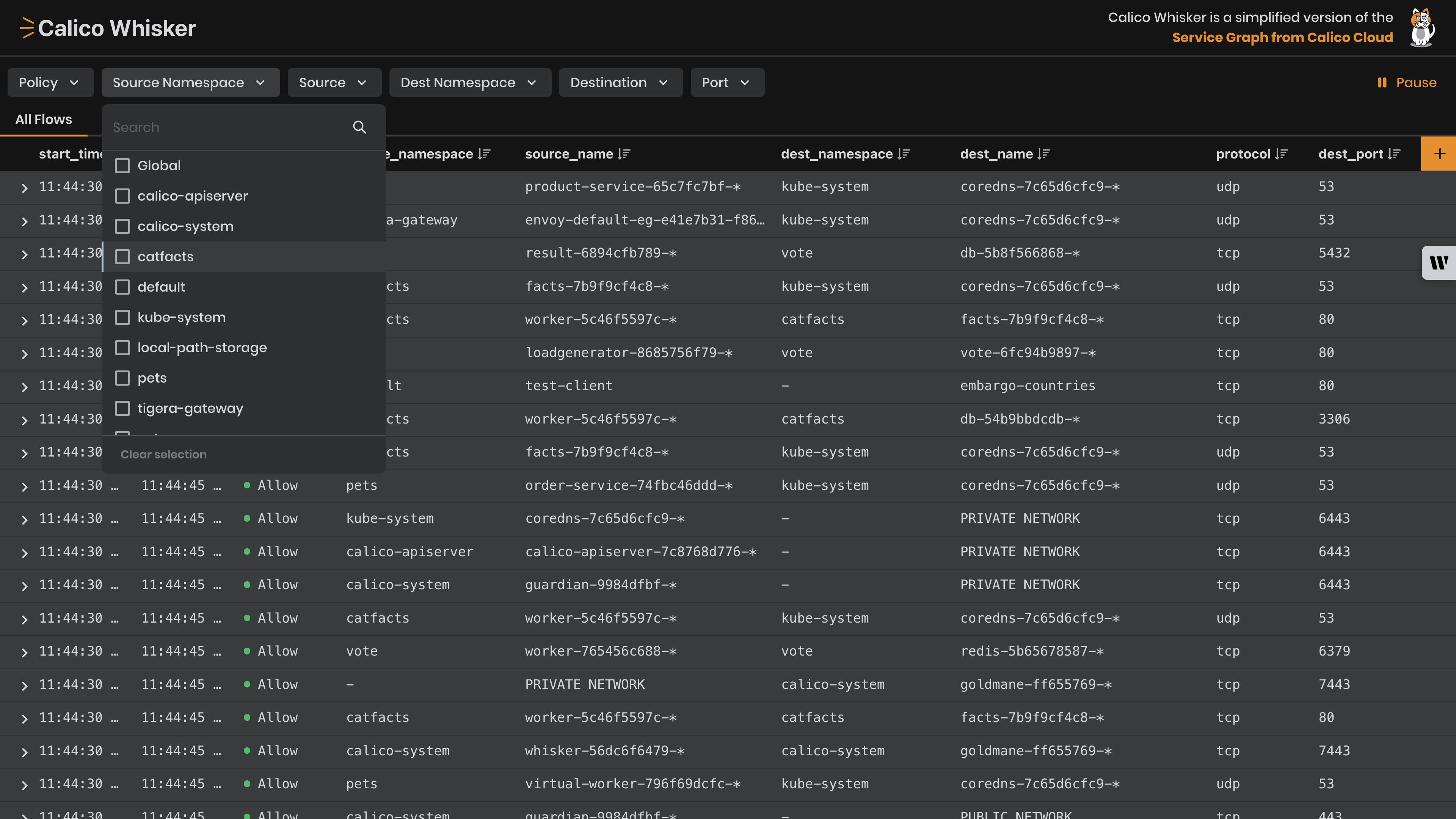 Select the pets namespace