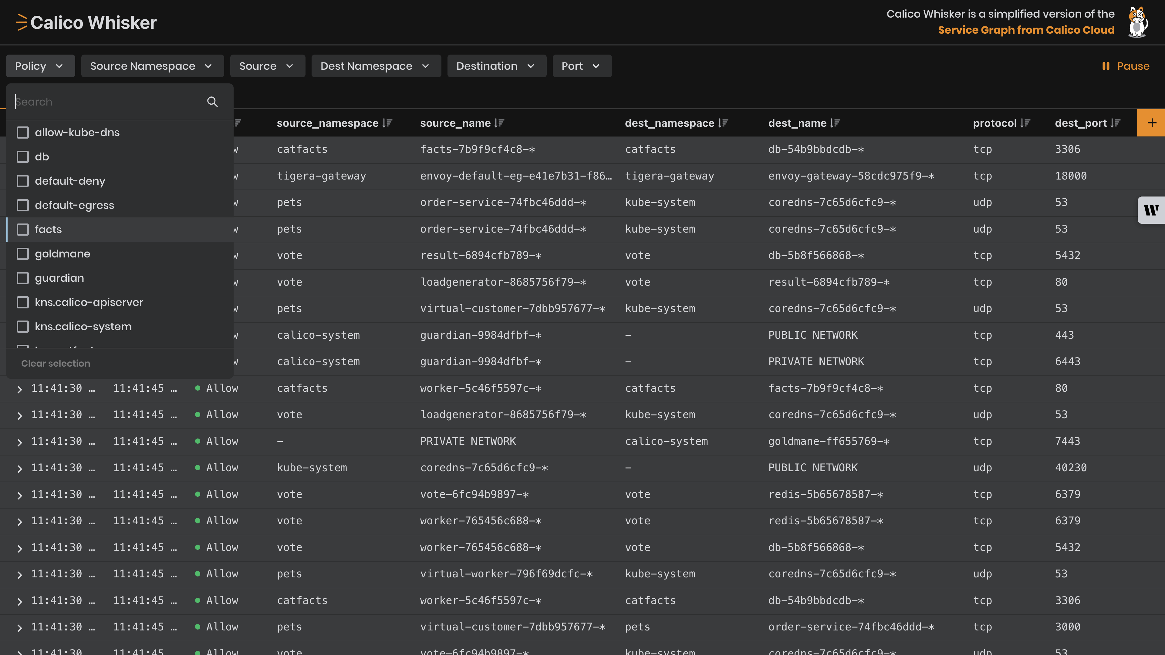 Filter flow logs for the facts policy