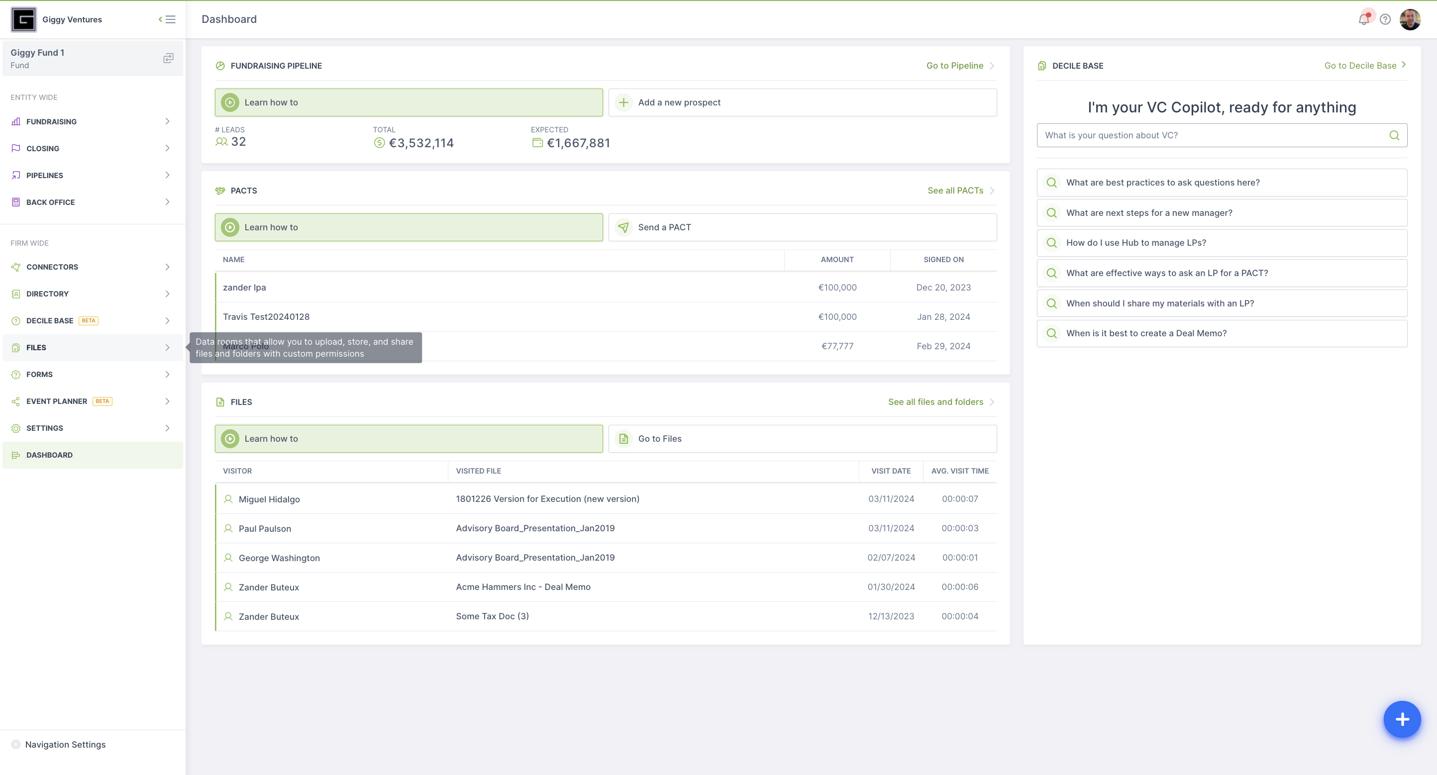 To enable data room automation in Decile Hub, expand Files and navigate to the data room / folder you want to automate