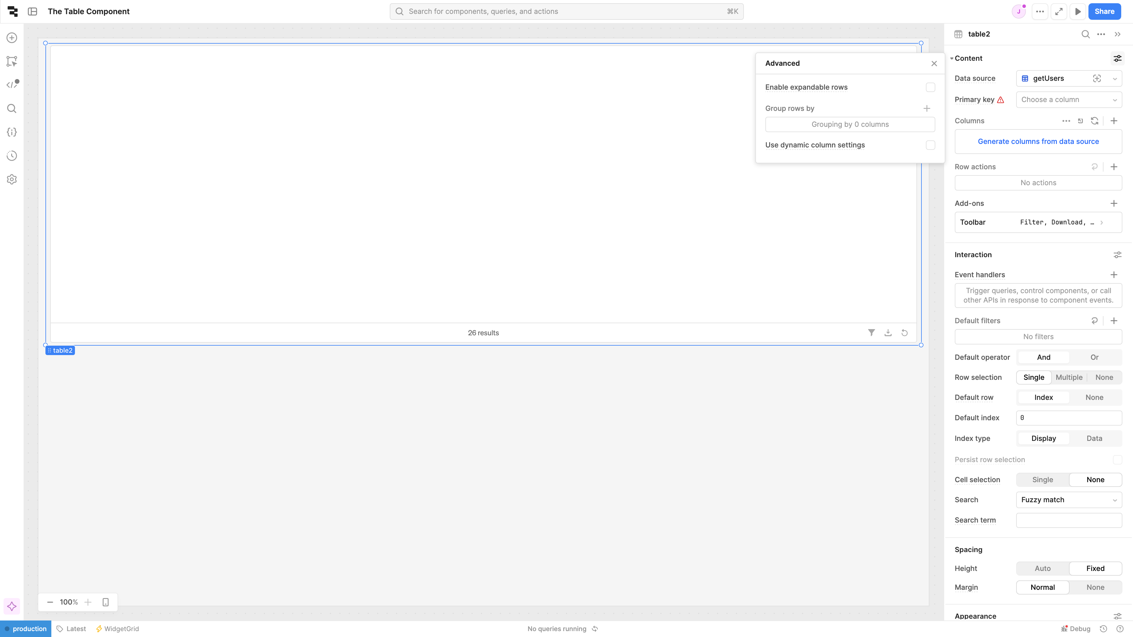 Click to enable dynamic columns and access the settings.