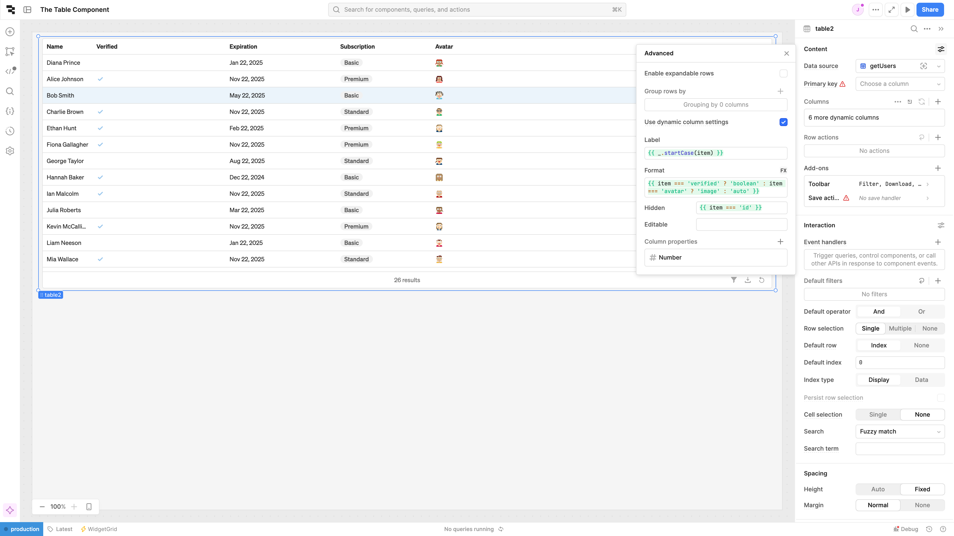 You can configure column settings by referencing `item`, such as the label or format.