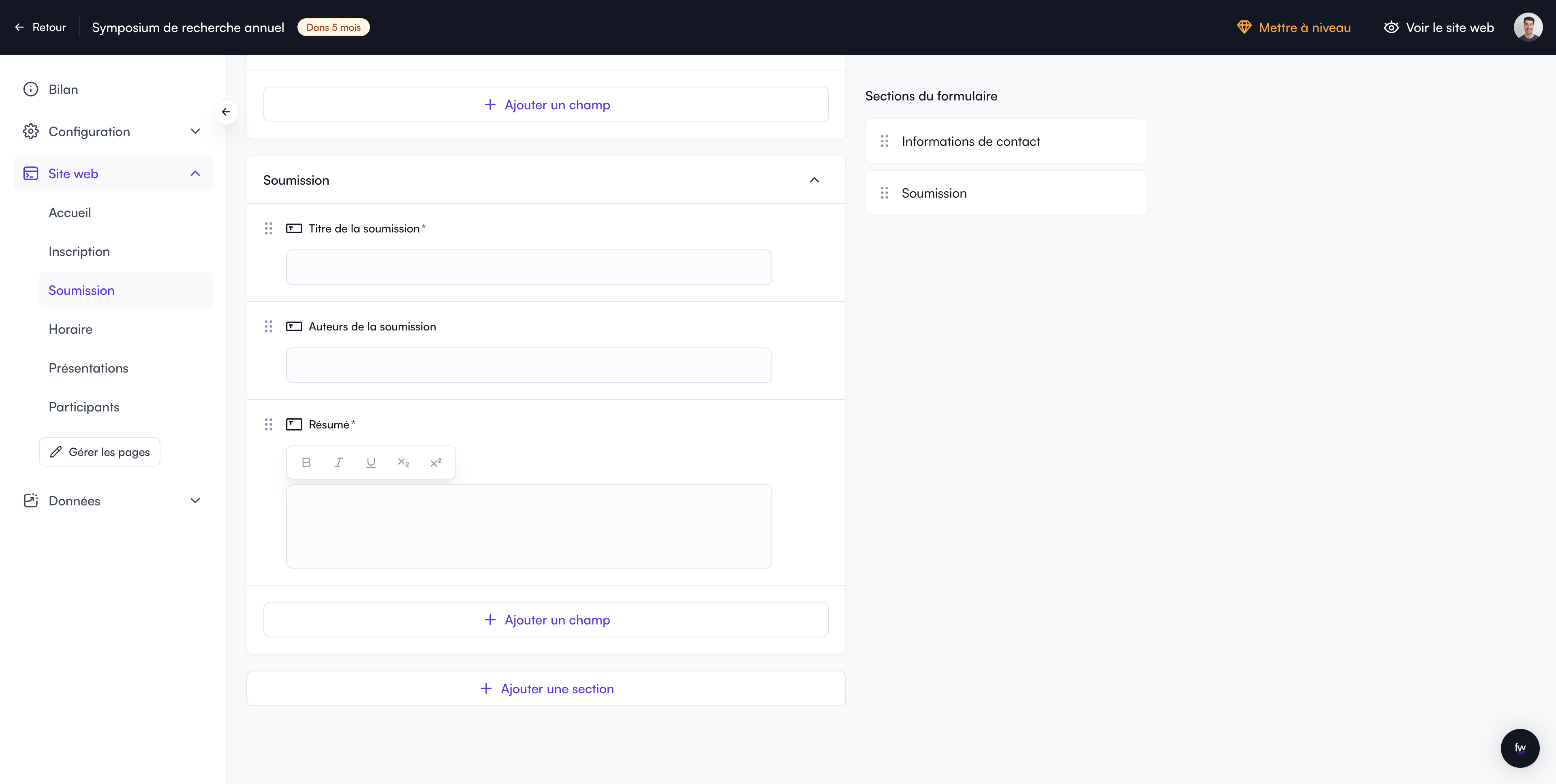 Ajoutons une question qui demande le type de présentation (orale, affiche).