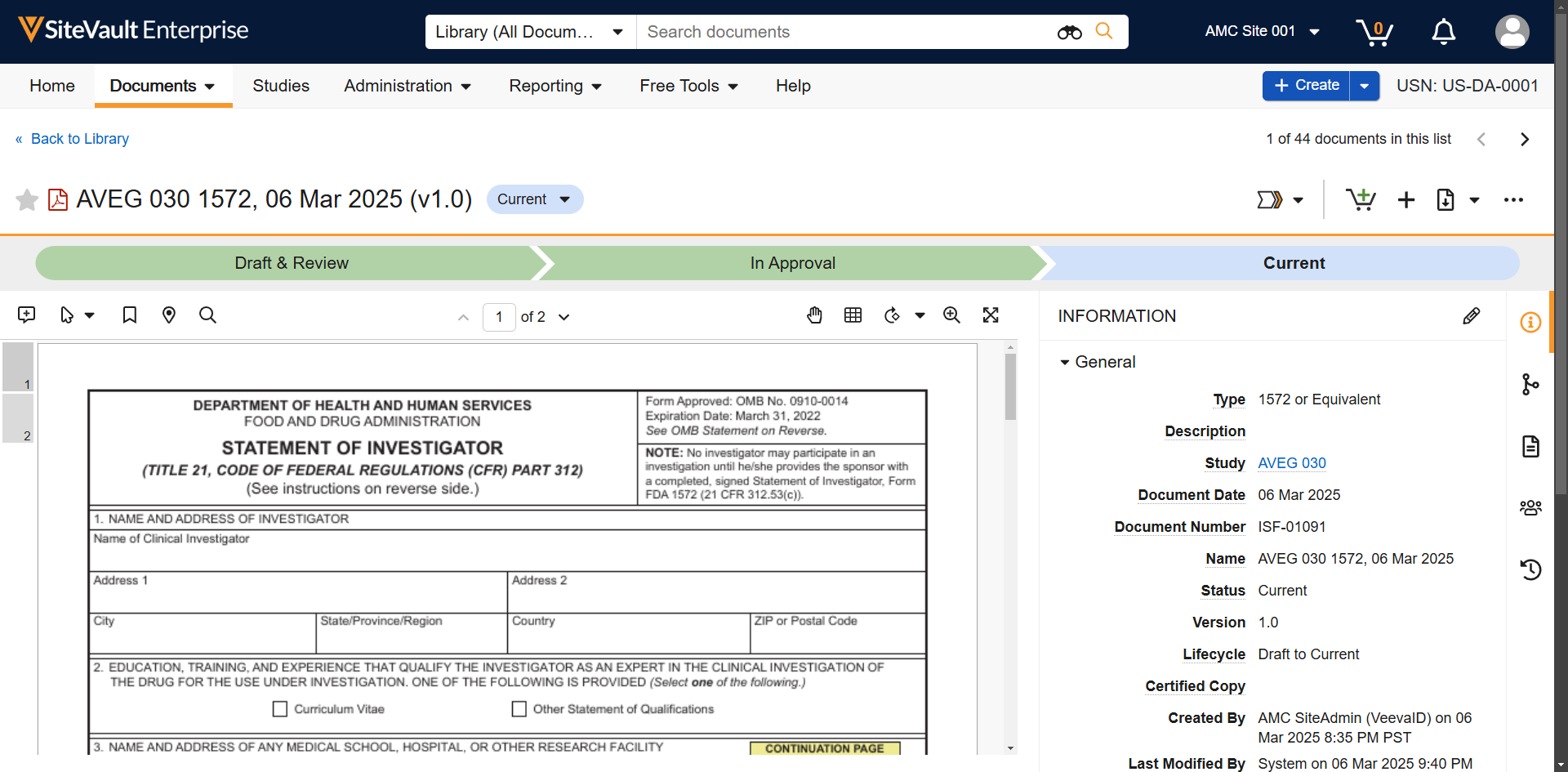 Open the **All Actions Menu** from a steady-state document (v1.0, v2.0, etc)