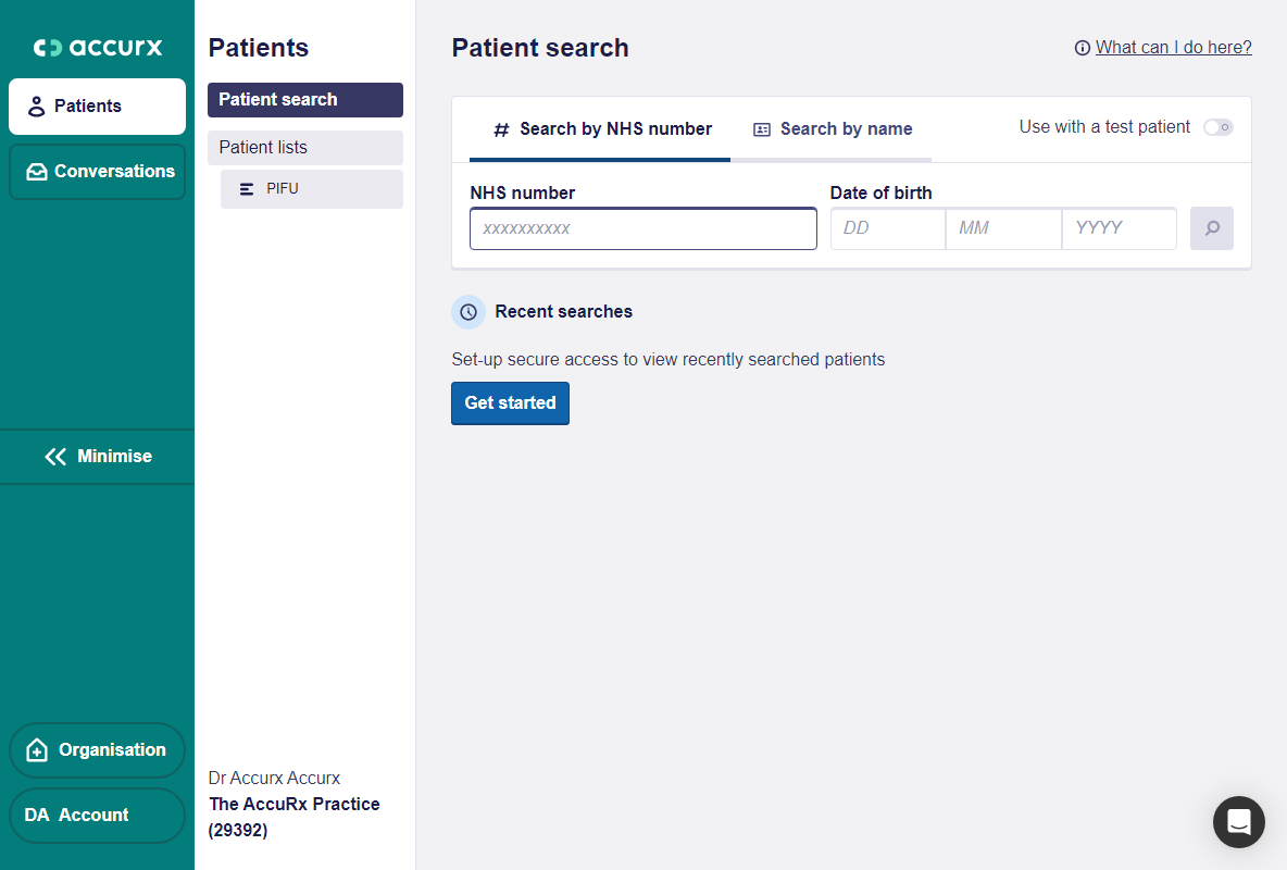 First lets search for the patient using her NHS number and date of birth.

If the NHS number is not known, you can also find patients using their name, date of birth, gender and postcode.