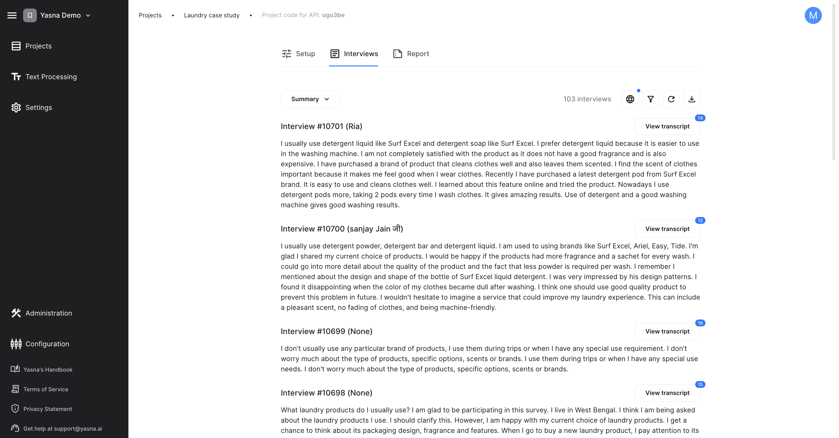 Once you’re happy with the number of interviews (data collection is complete), navigate to the Reporting tab to read the conclusions with illustrative quotes and statistics.