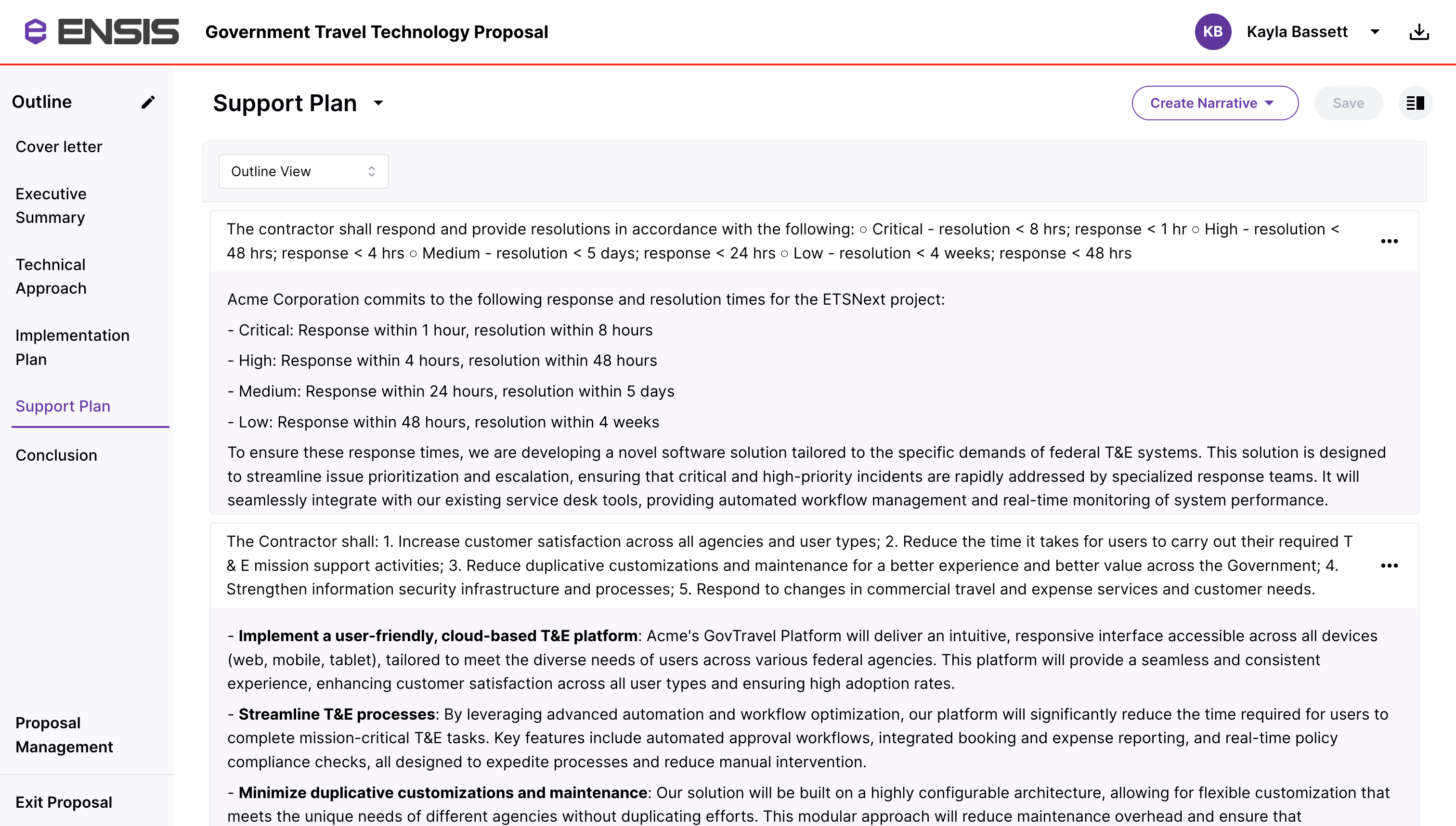 In Outline View, provide responses and context for each key requirement, streamlining proposal preparation